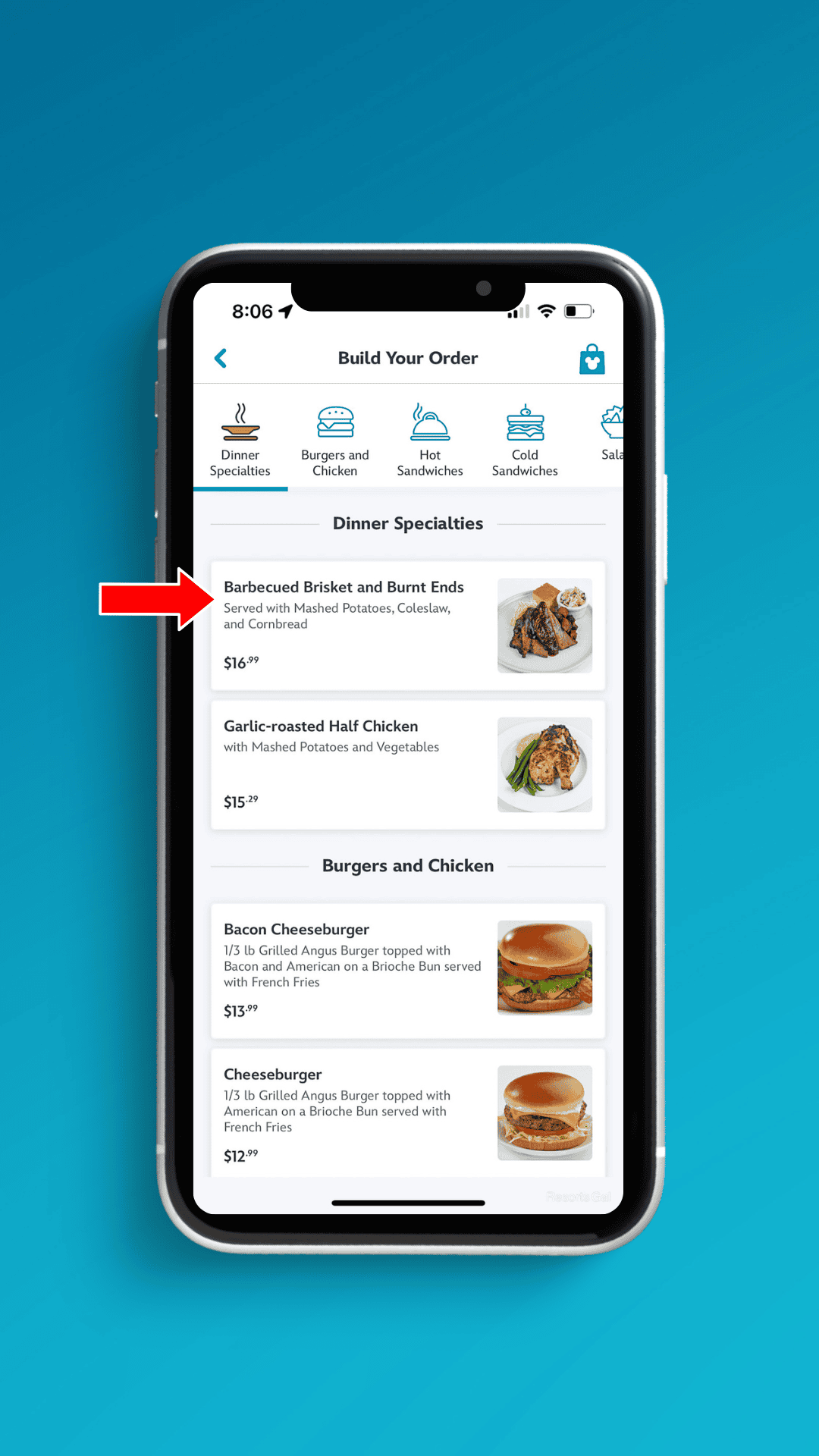 an arrow directional pointing to a menu app in the mobile order section of the My Disney Experience app 