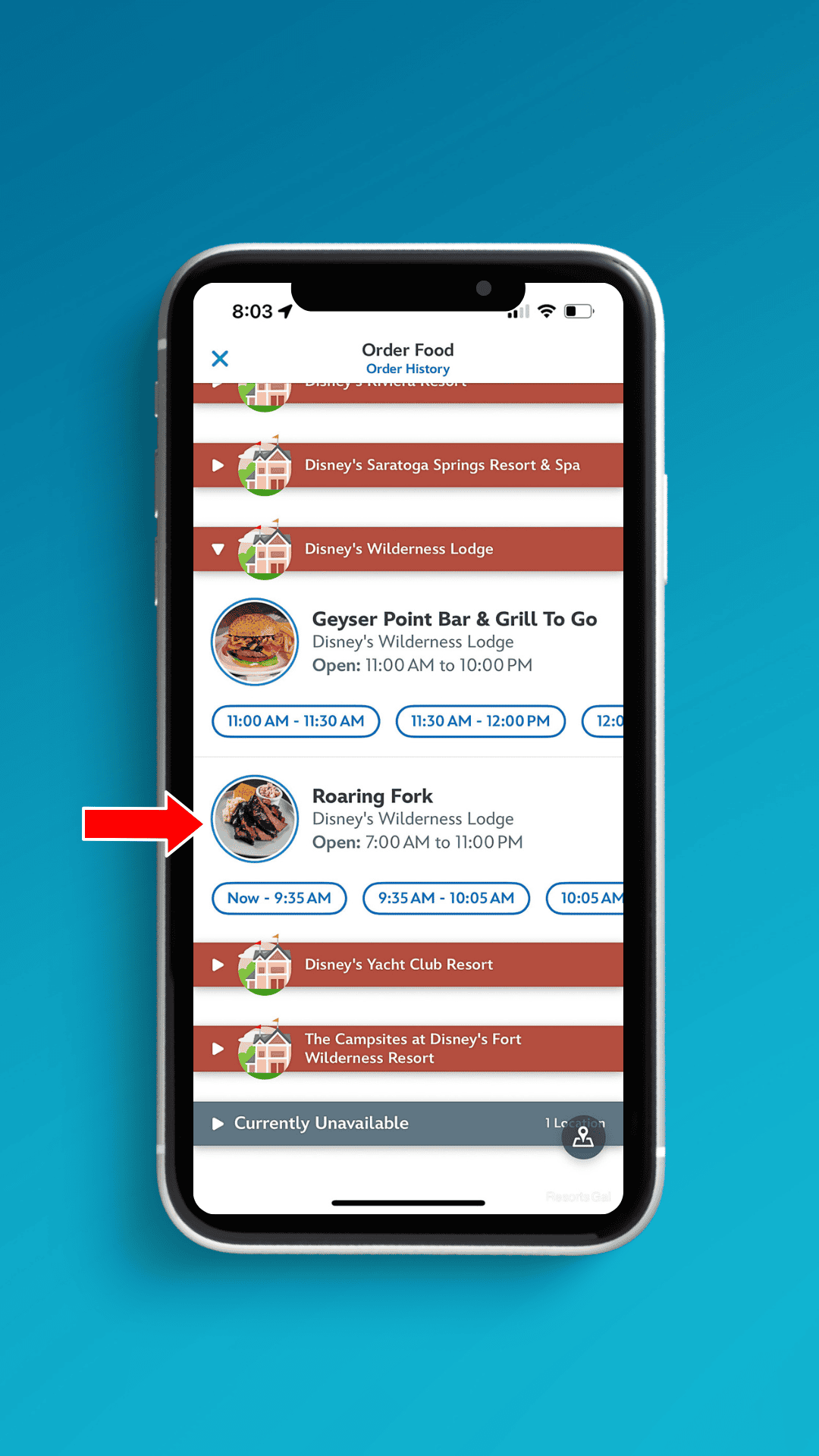 a directional arrow pointing to an individual restaurant selection and available times for mobile orders