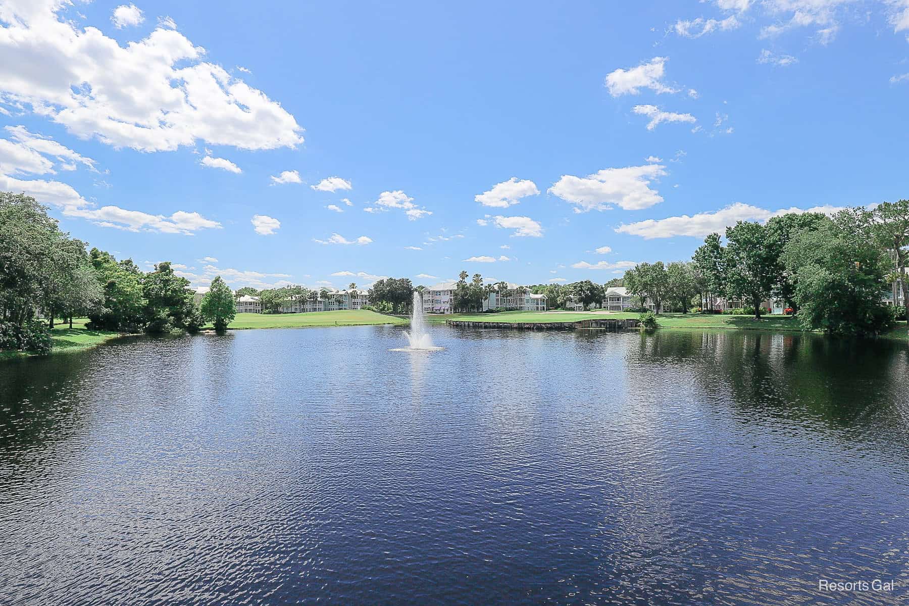 a fountain in the center of the lake at Disney's Old Key West 