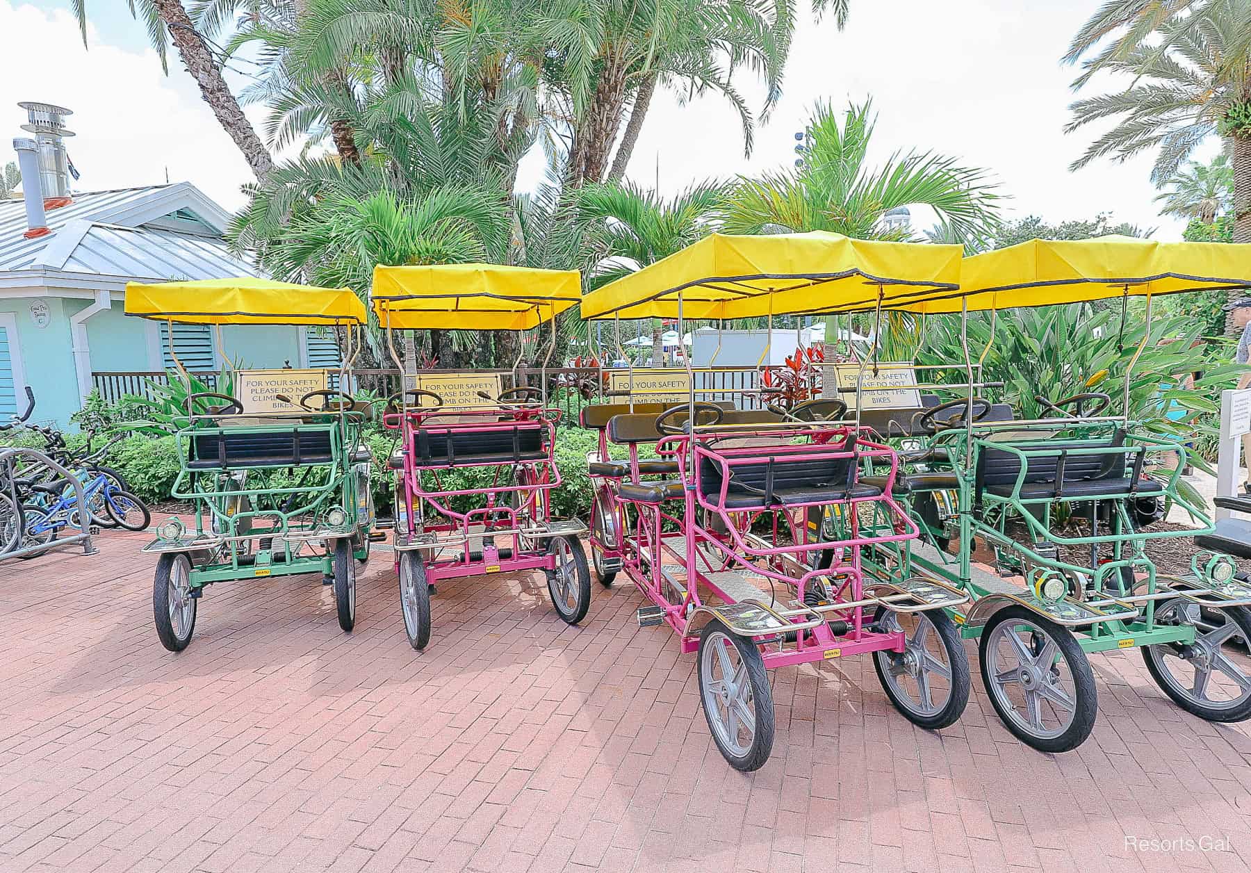 Surrey Bike Rentals in green and hot pink with yellow covers 