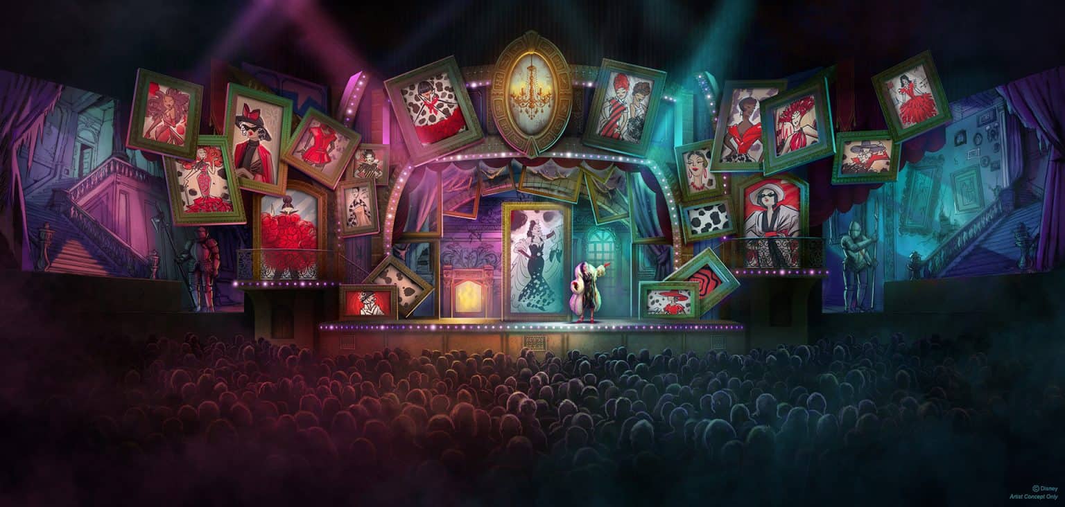 Disney concept art of a stage show to debut at Hollywood Studios in 2025. shows Cruella de Vil on state. 