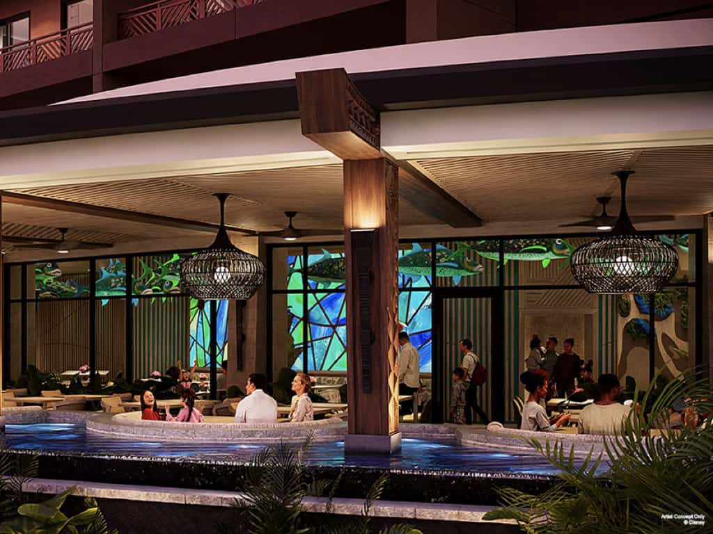 Concept Art of guests dining at the new Island Tower restaurant at Disney's Polynesian Village Resort 