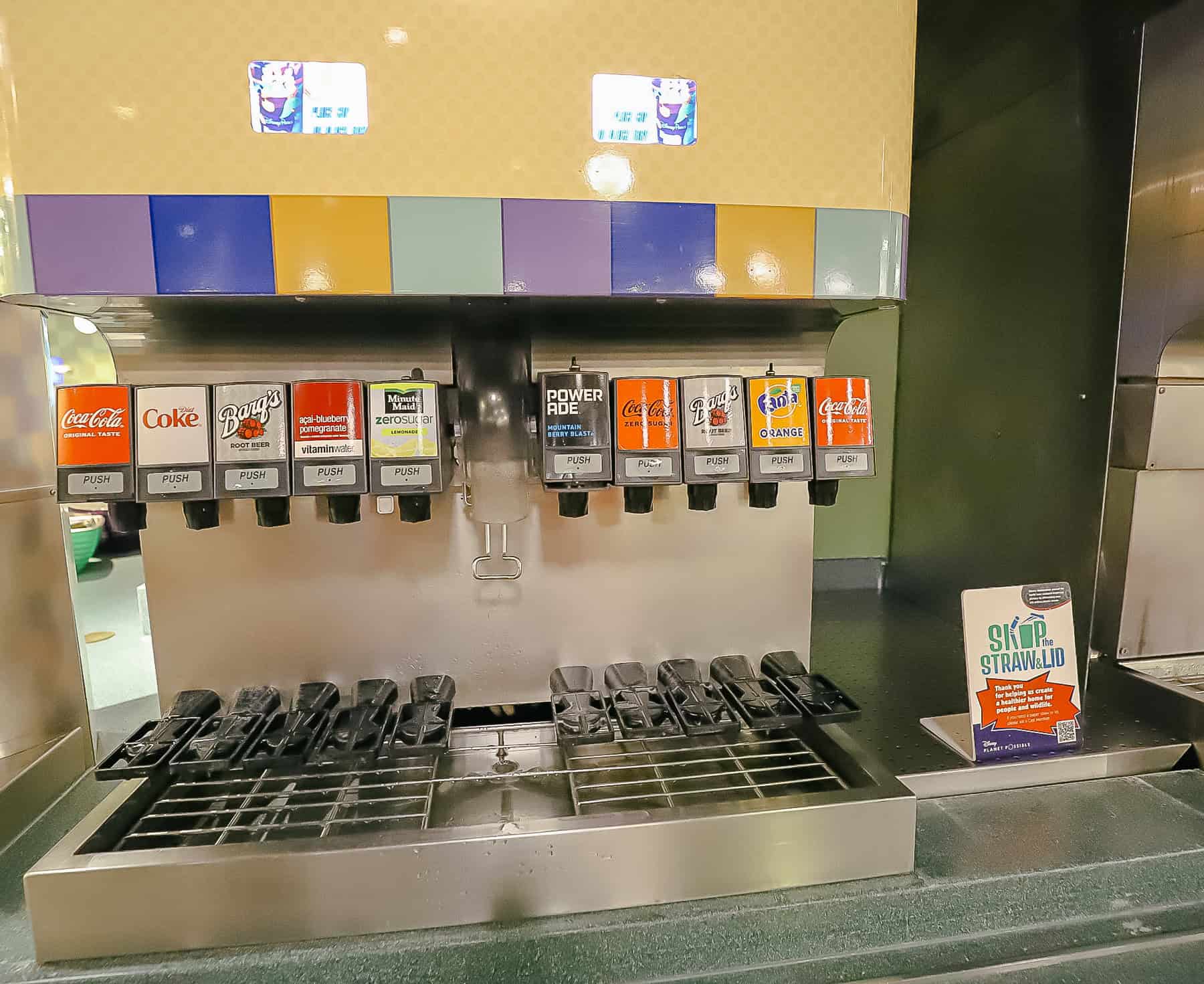 a beverage refill station at Disney's Pop Century that shows what sodas are available 