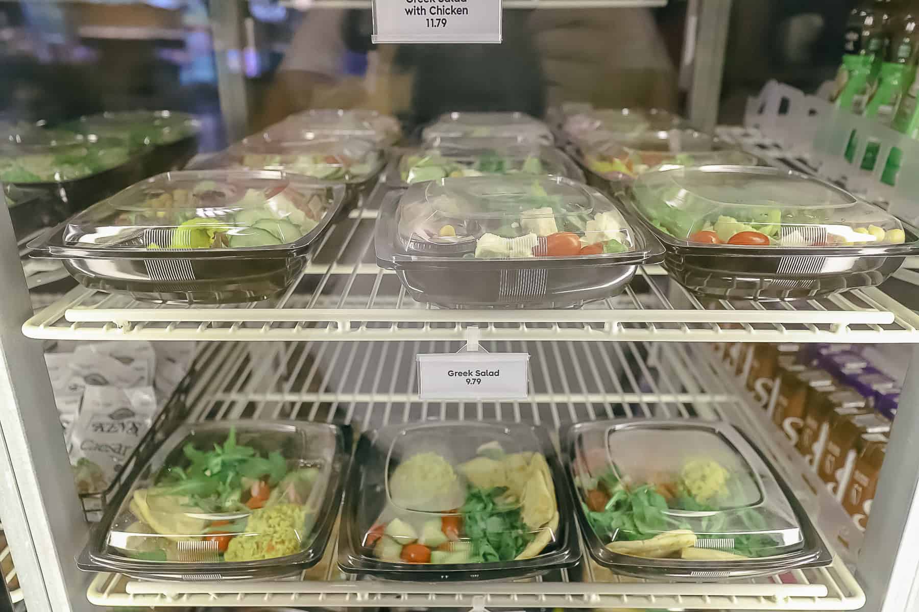 a case with premade salads at Pop Century 