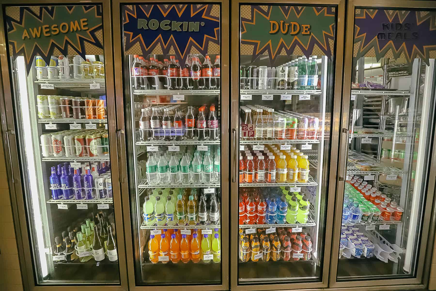 a refrigerated case with various sodas, beer, wine, and sports drinks 