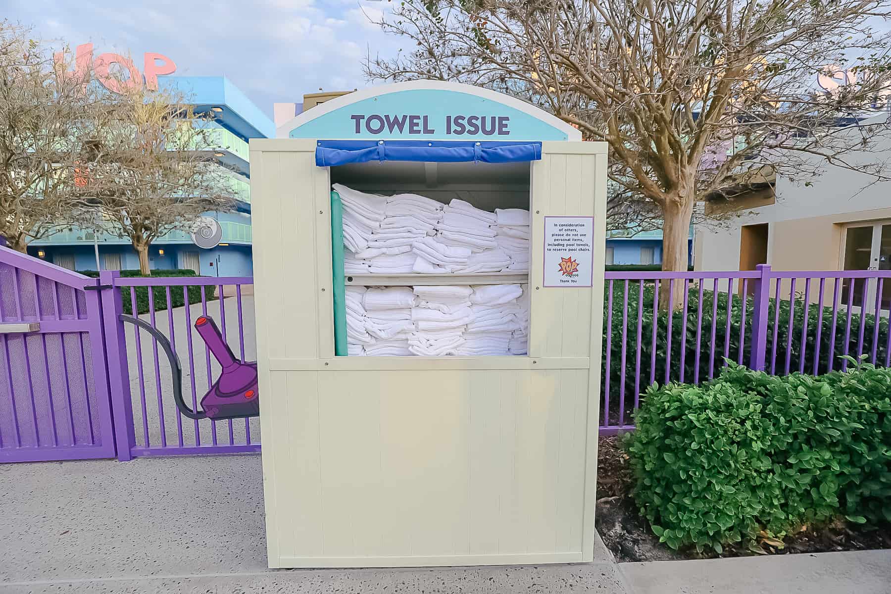 Towel issue bin for guests of the pools at Pop Century Resort 