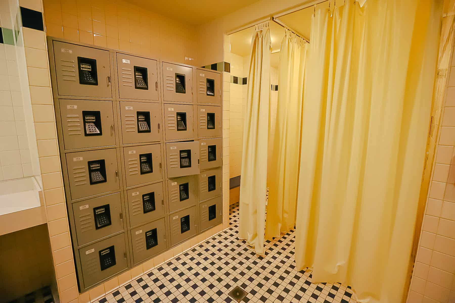 a pool locker, shower, and changing room 