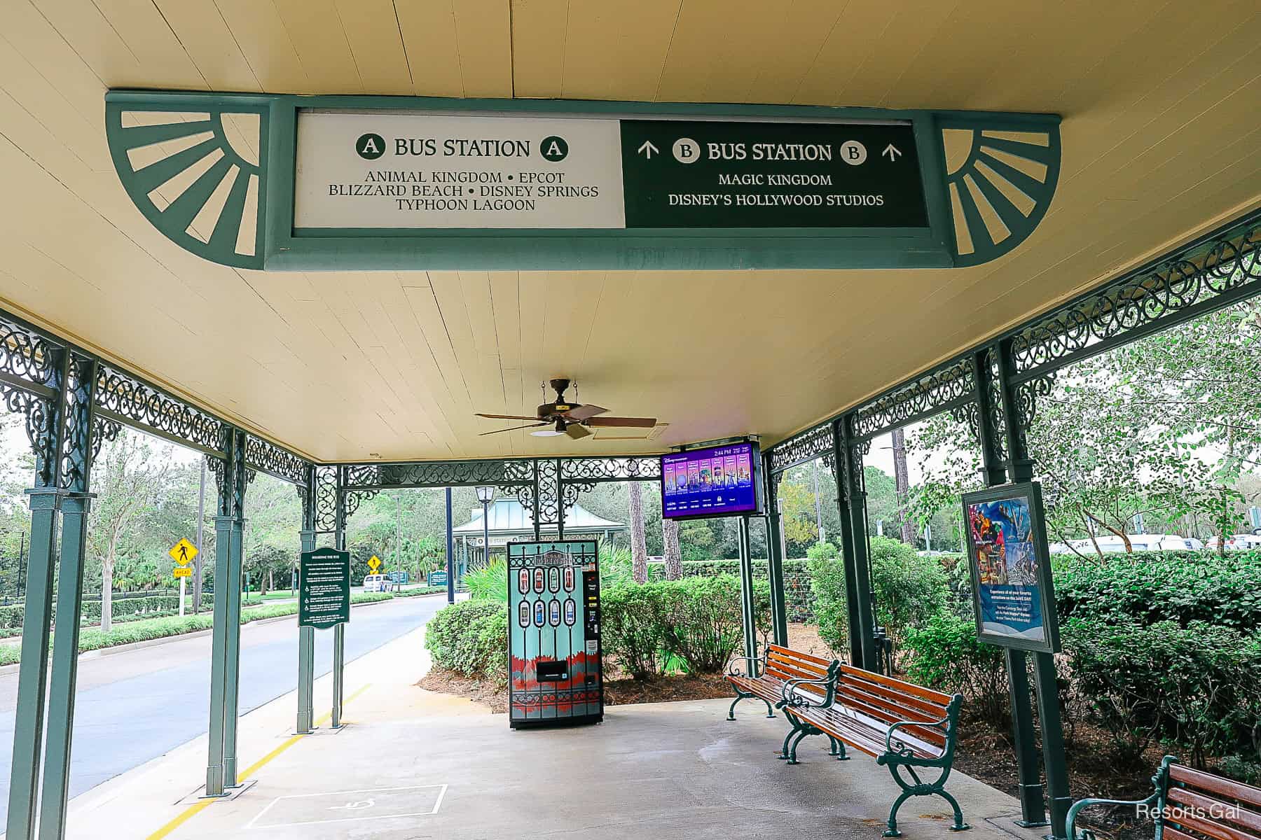 the bus stop at Disney's Port Orleans French Quarter with benches and vending machine 