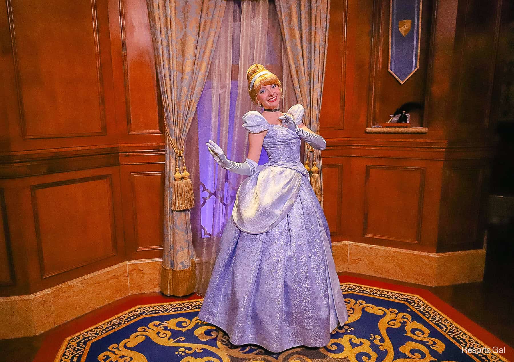 Cinderella wearing her blue ballgown at her princess meet-and-greet at Magic Kingdom 