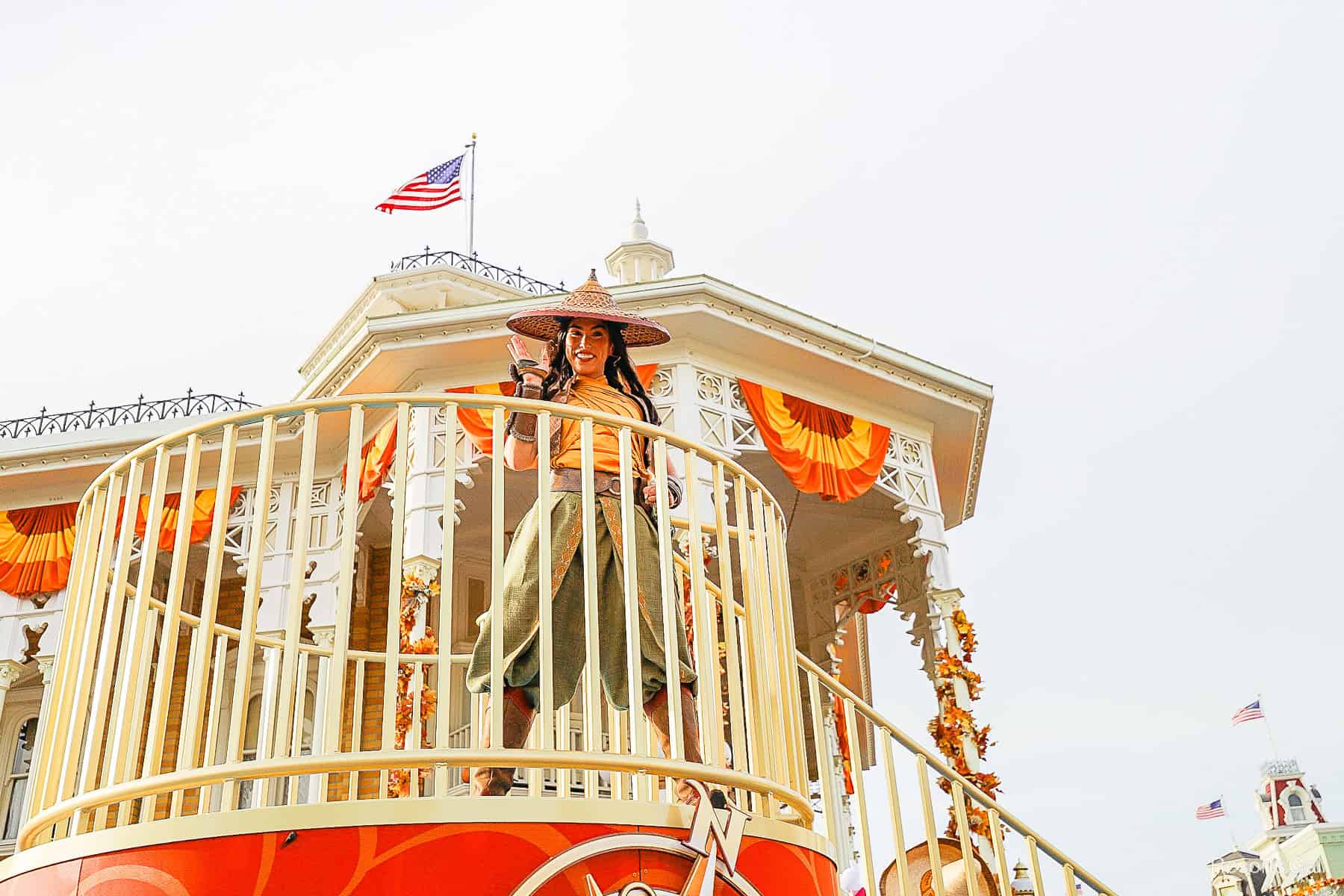 Raya rides on one of the floats in the Disney Adventure Friends Cavalcade. 