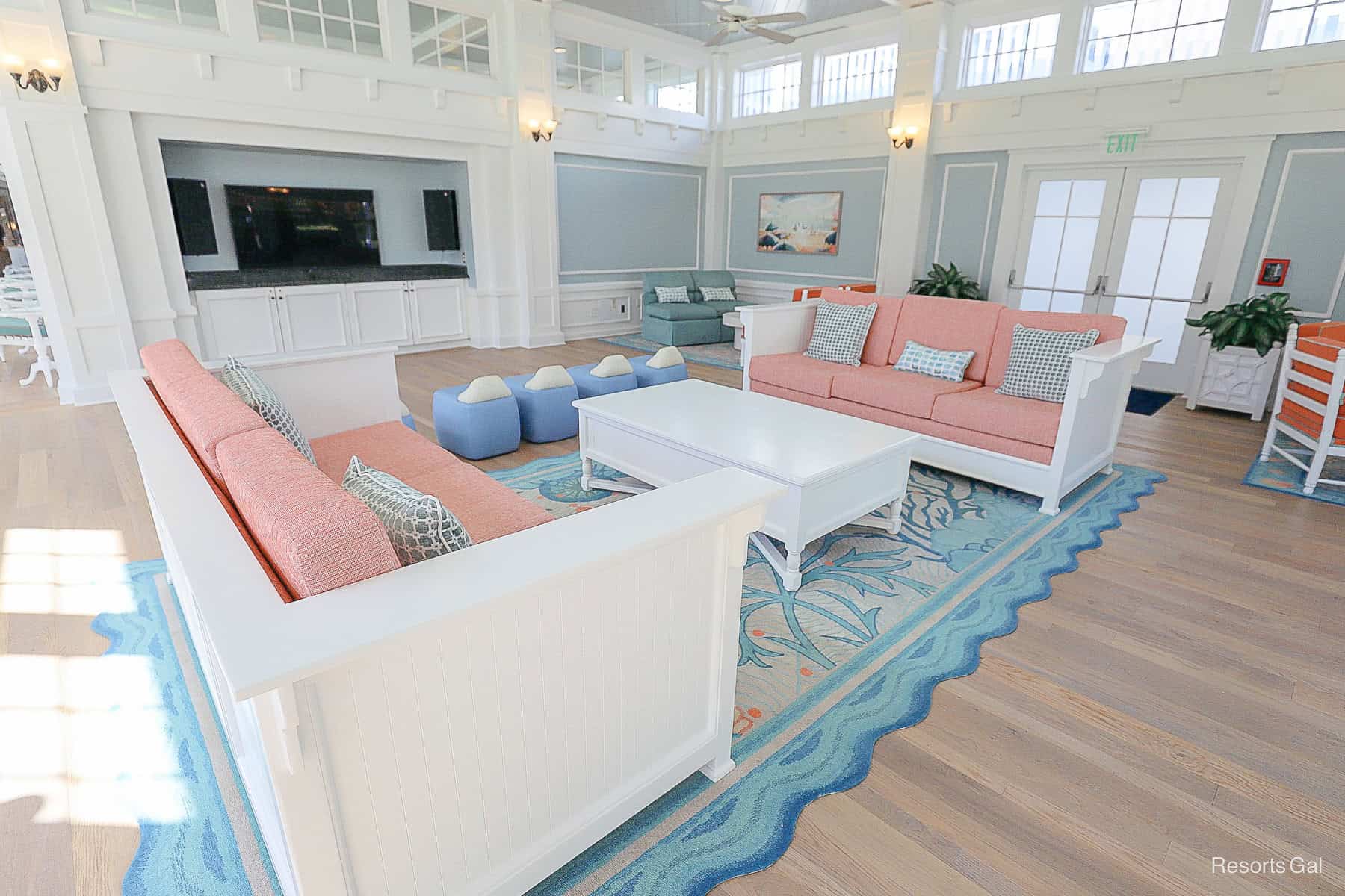 the interior of the Solarium with places to relax and enjoy the television at Disney's Beach Club 