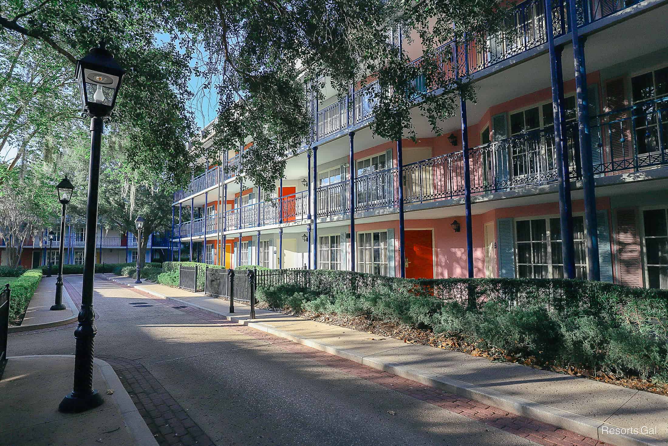 a walkway down the streets of Port Orleans French Quarter at Disney World 