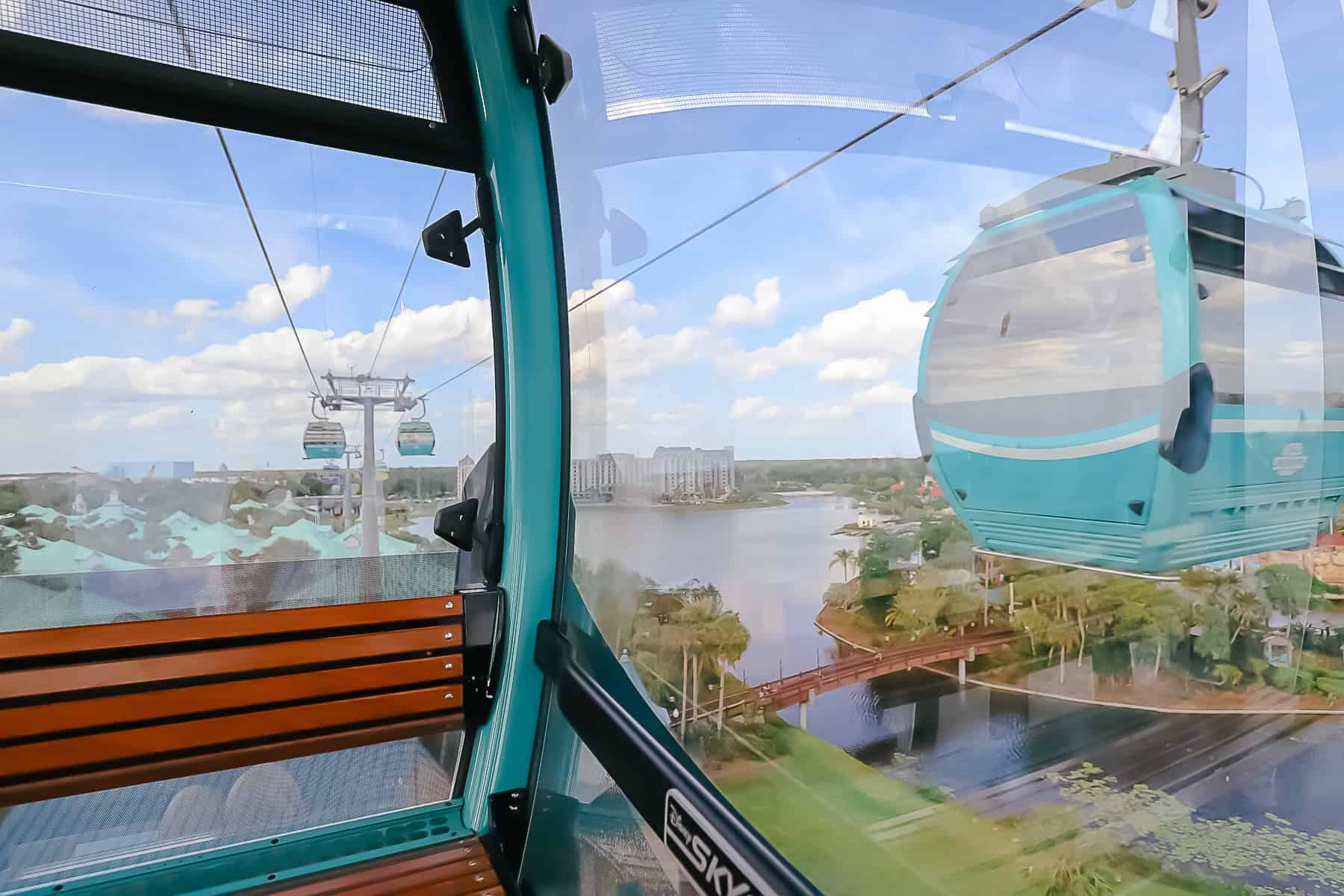 the Disney Skyliner as is travels in the air to the Riviera Resort 