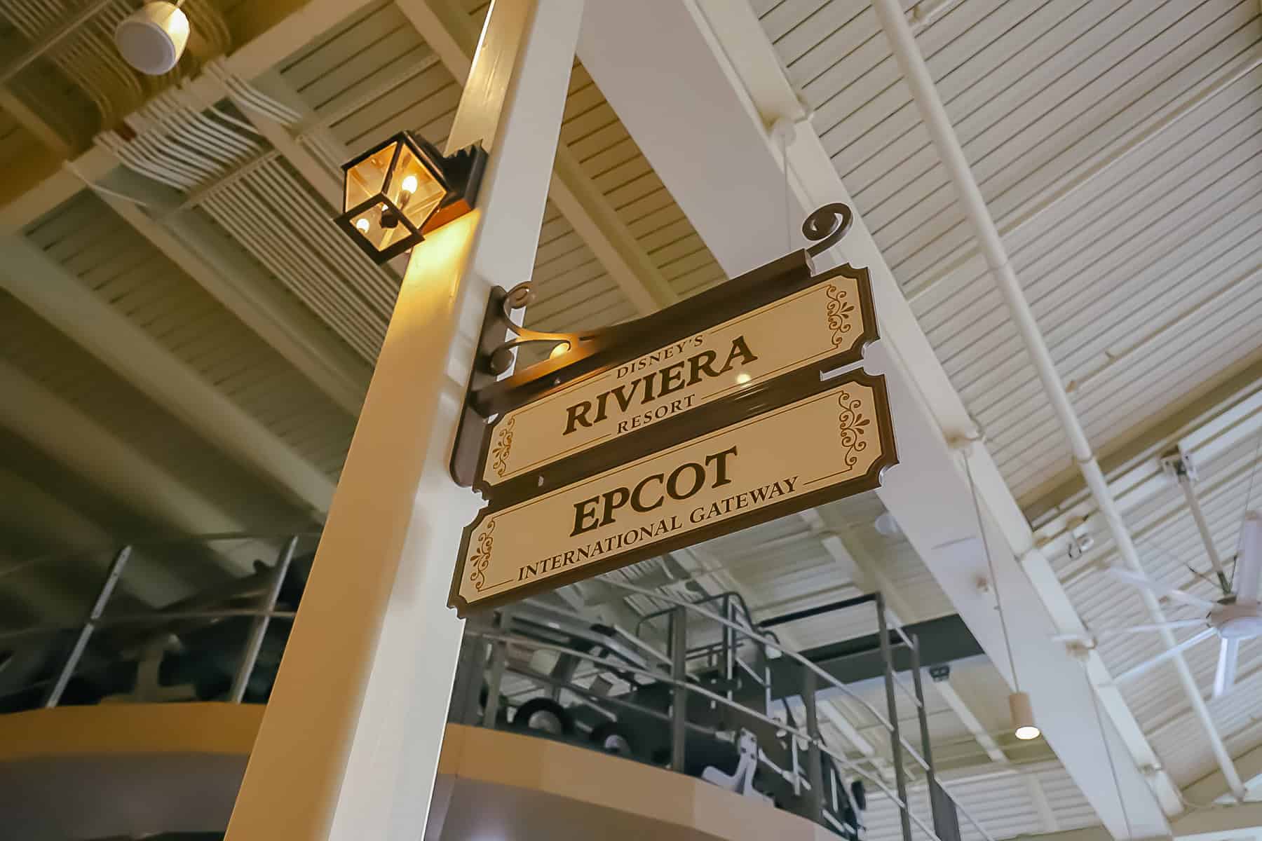 signage for Riviera and Epcot's International Gateway on the Skyliner 