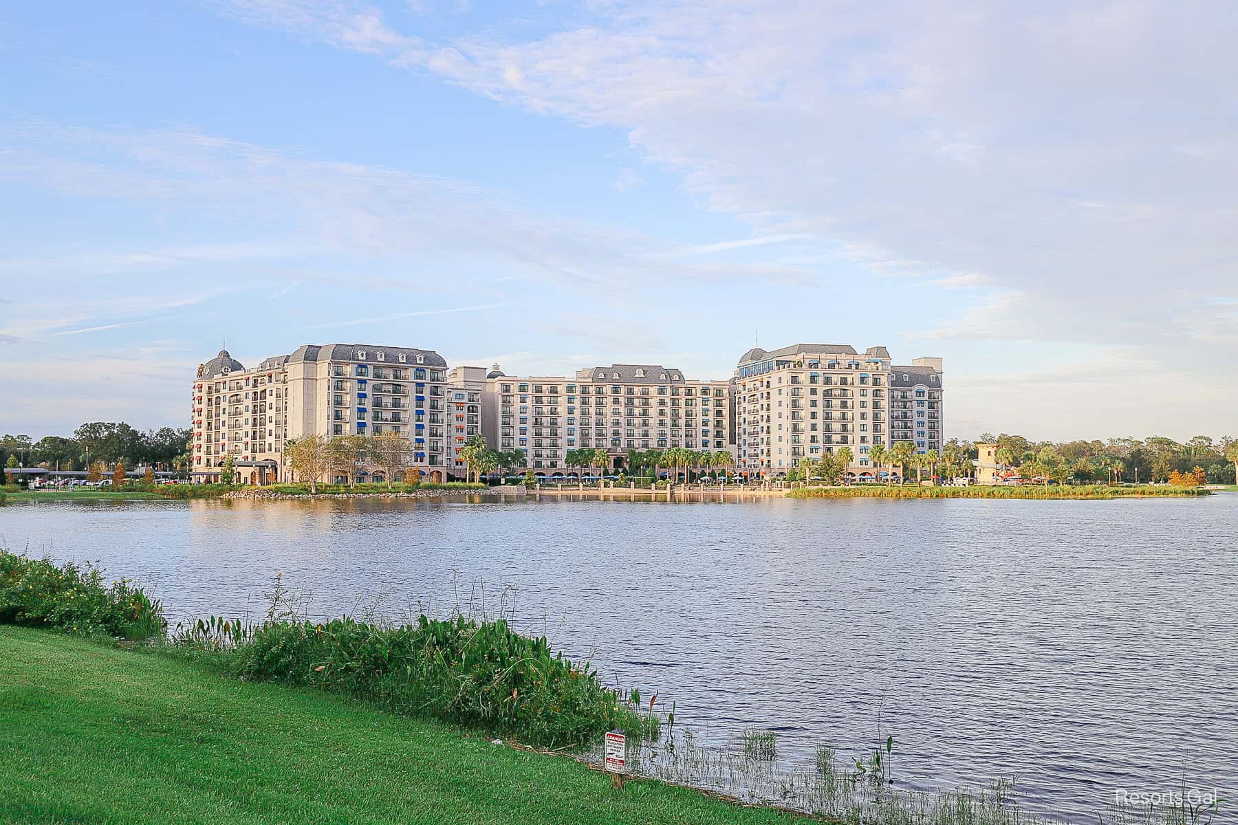 Barefoot Bay with Disney's Riviera Resort sitting in the backdrop at sunset 