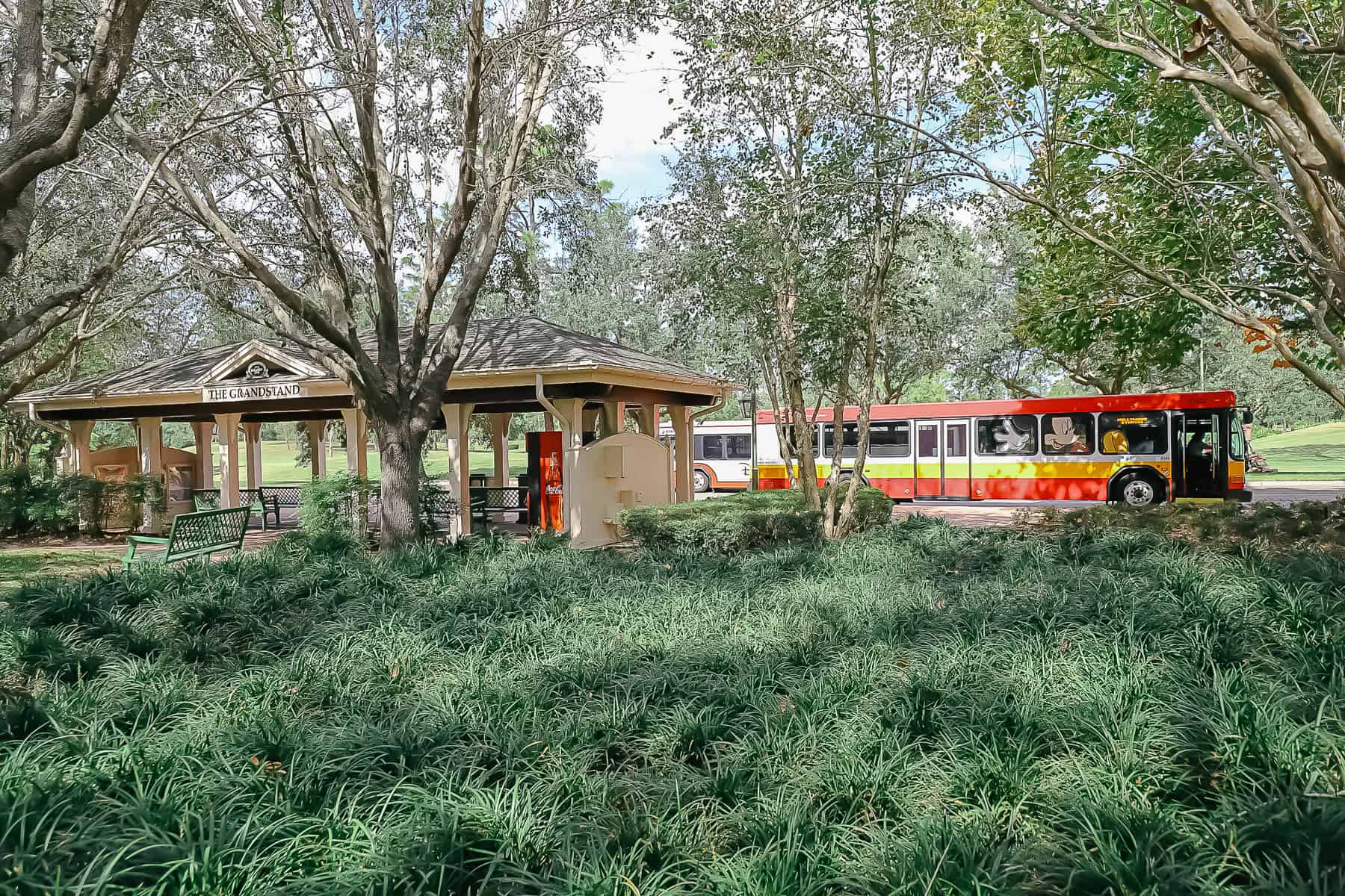 a bus picking up guests at a multiple bus stop resort 