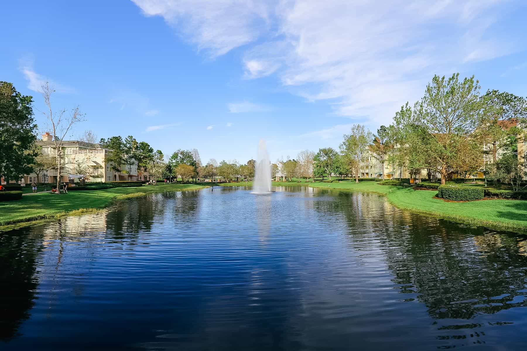 a fountain in the lake at Disney's Saratoga Springs Resort 