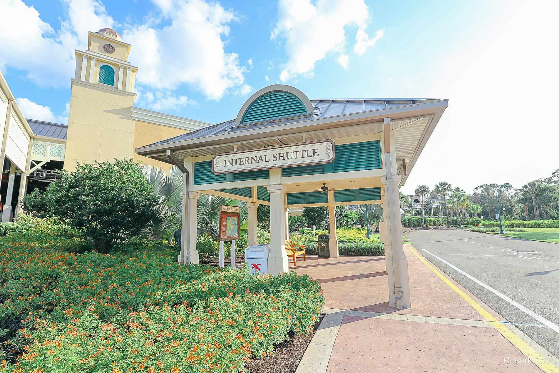 the internal shuttle pick up at the Disney Skyliner at Caribbean Beach Resort's station