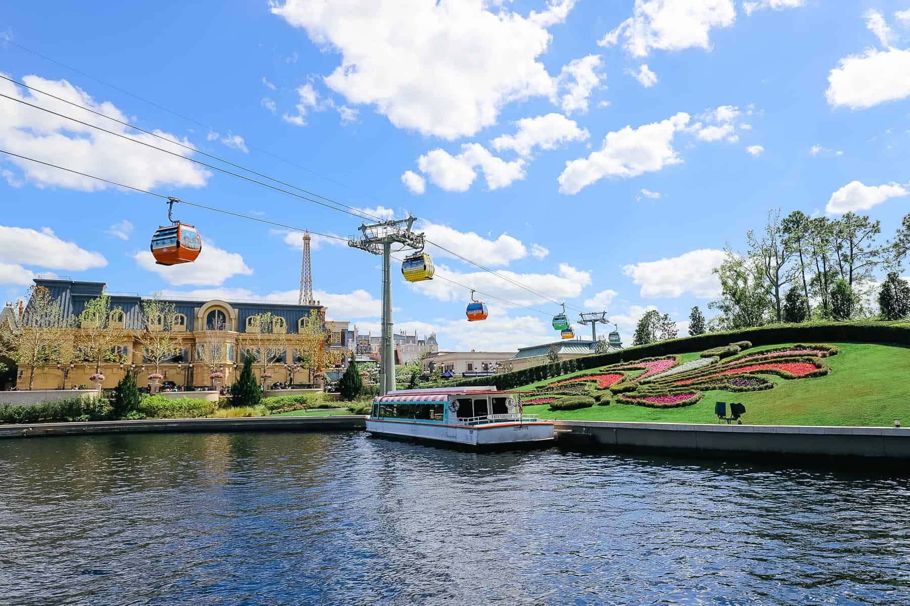 boats and Skyliner at Epcot's International Gateway 