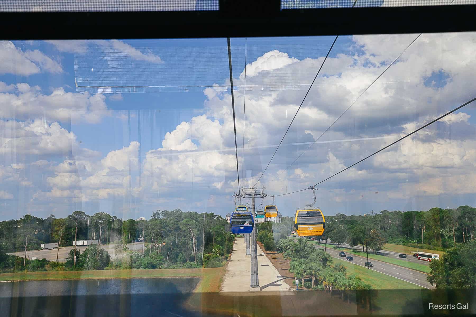 a view of Lake Buena Vista Drive from the Skyliner between Hollywood Studios and Epcot 