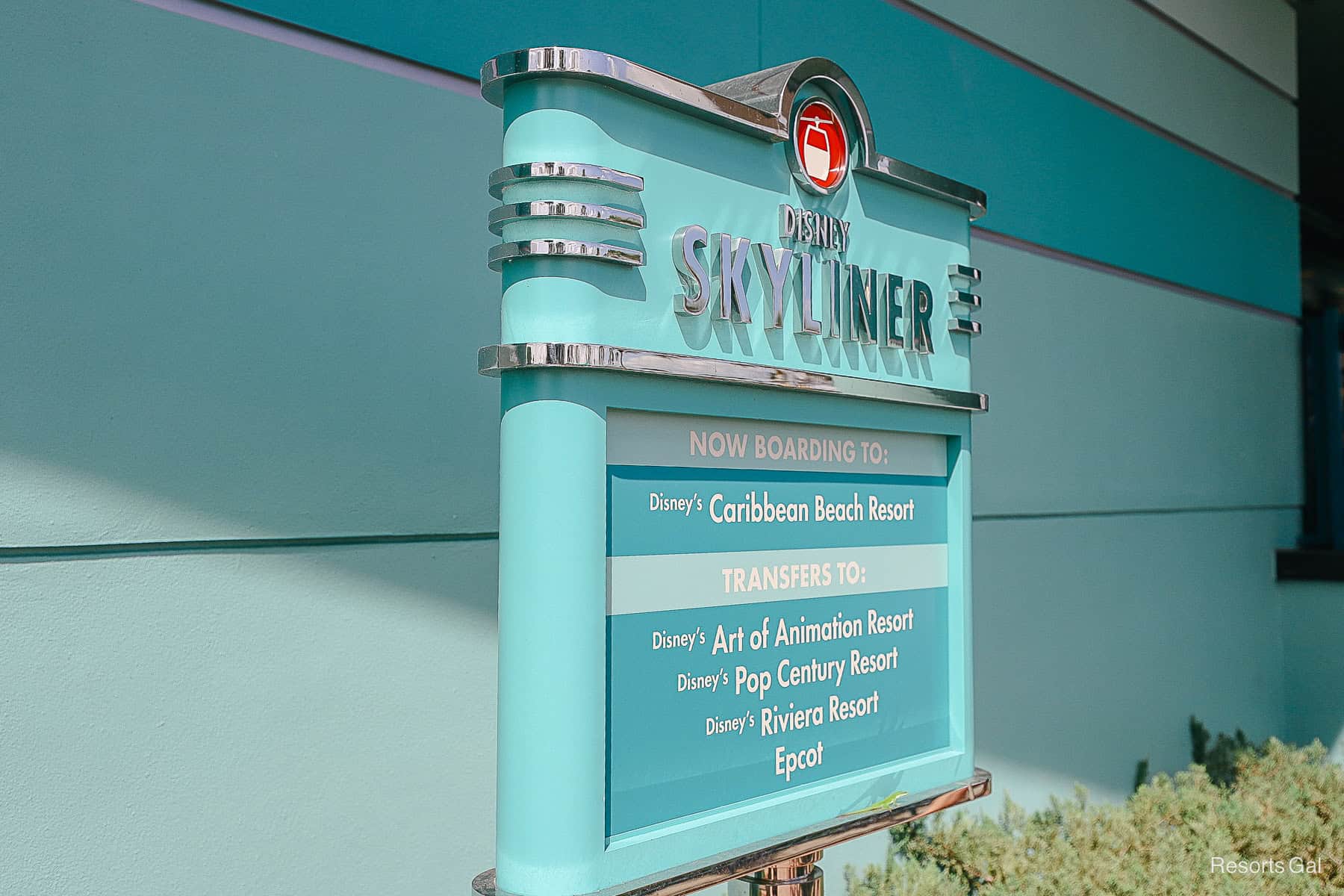 the Disney Skyliner signage that says where the Skyliner is headed and a list of transfers 