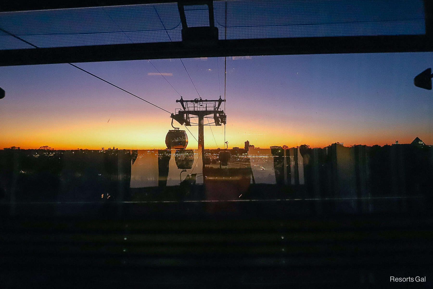 a view of the skyline from the Disney Skyliner 