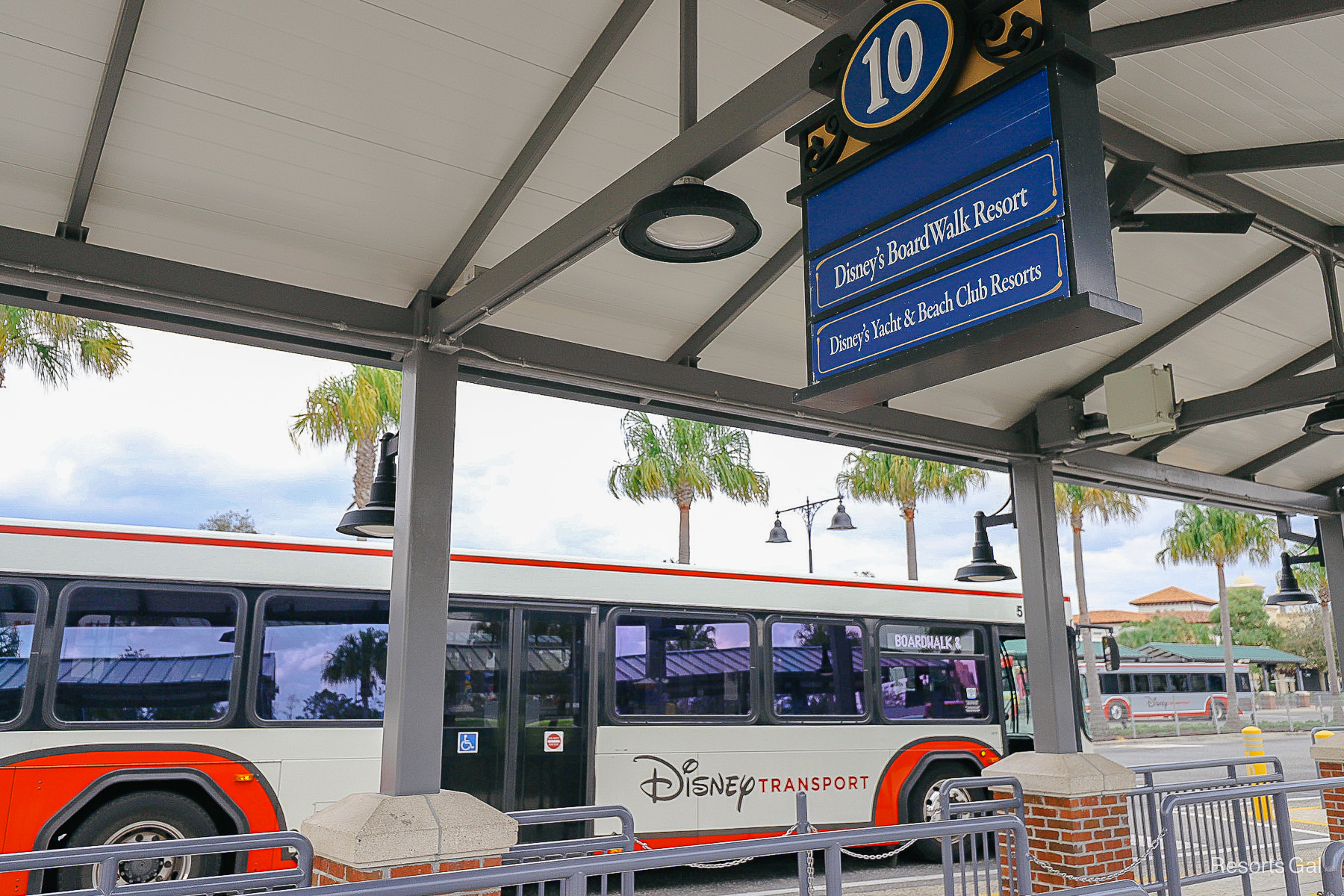 a shared bus stop at Disney Springs for Disney's Boardwalk Resort, Disney's Yacht Club and Disney's Beach Club 