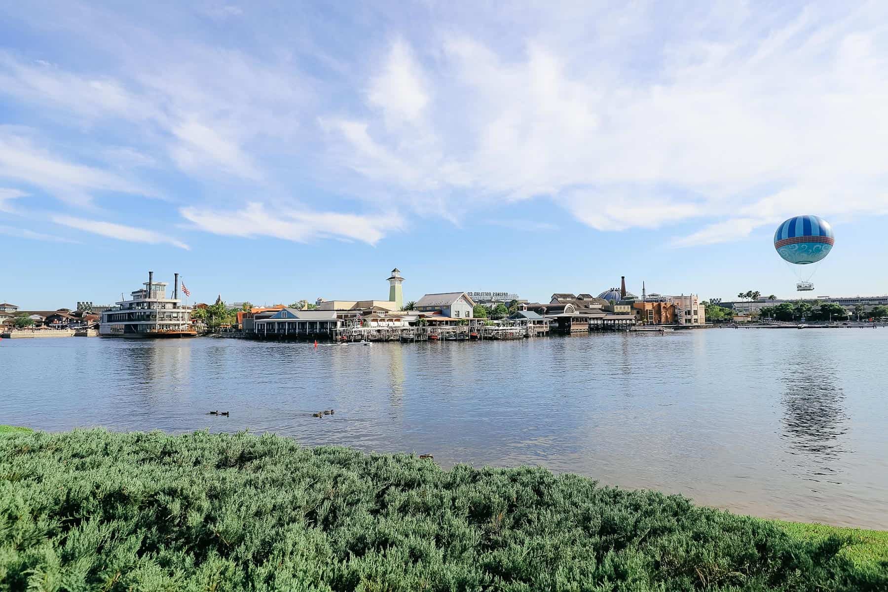 view of Disney Springs from Saratoga Springs walkway 