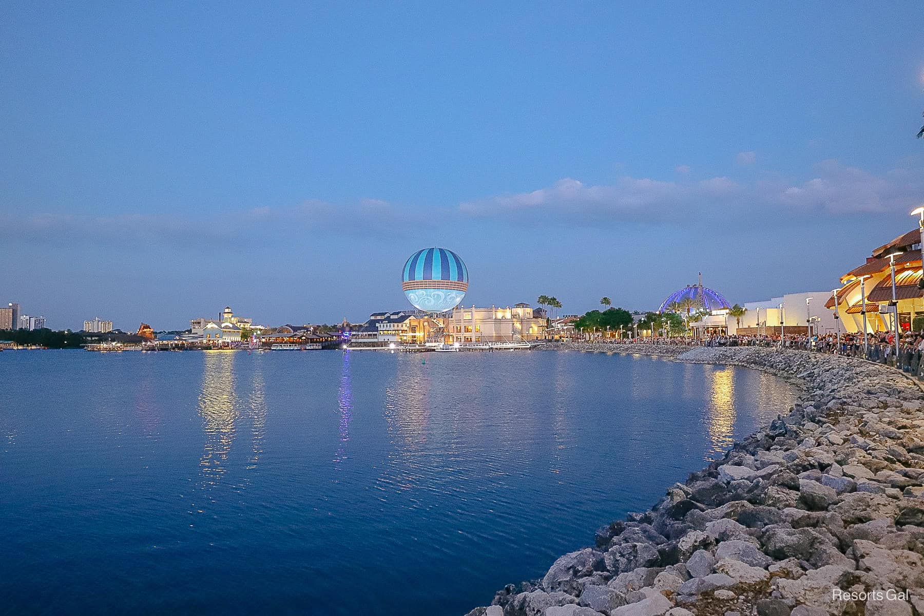 Disney Springs along the water at night 