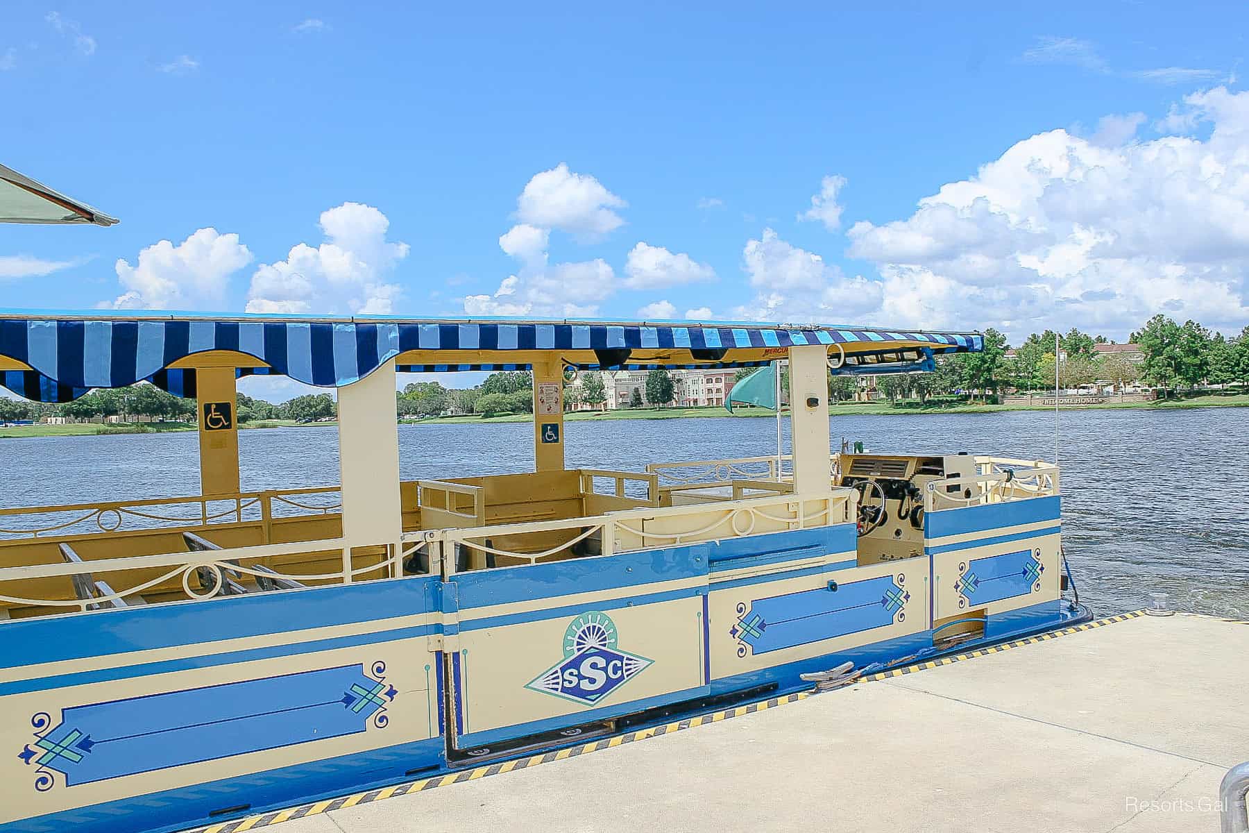 a water taxis docked at Disney Springs 