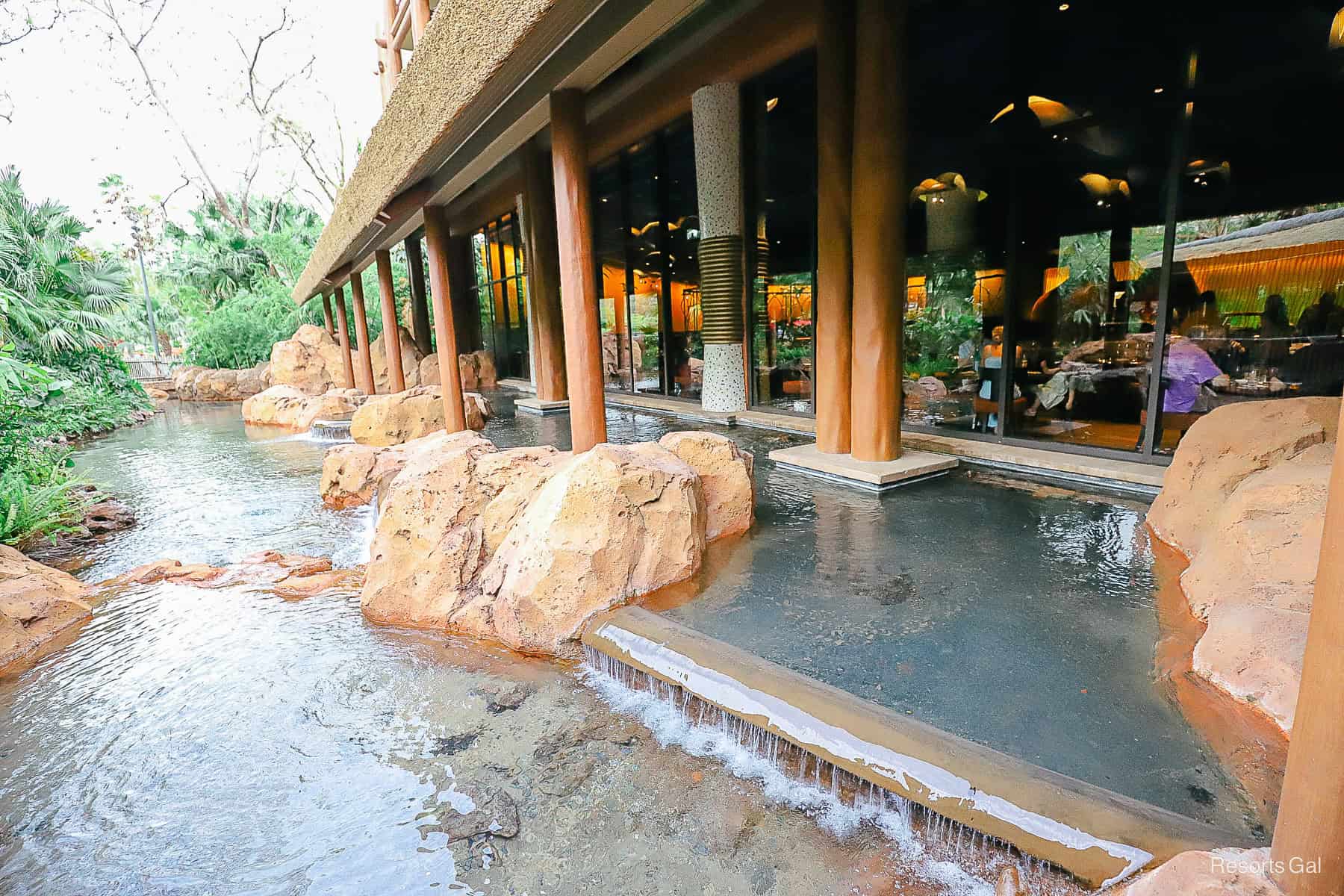 a waterfall area with windows that look into Jiko at Disney's Animal Kingdom Lodge 