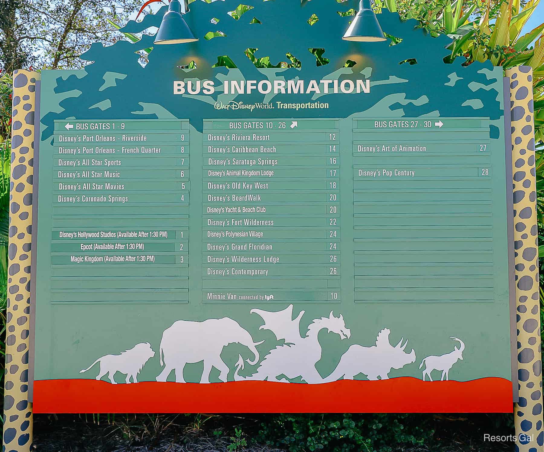 Bus signage for the resorts and theme parks at Disney's Animal Kingdom 