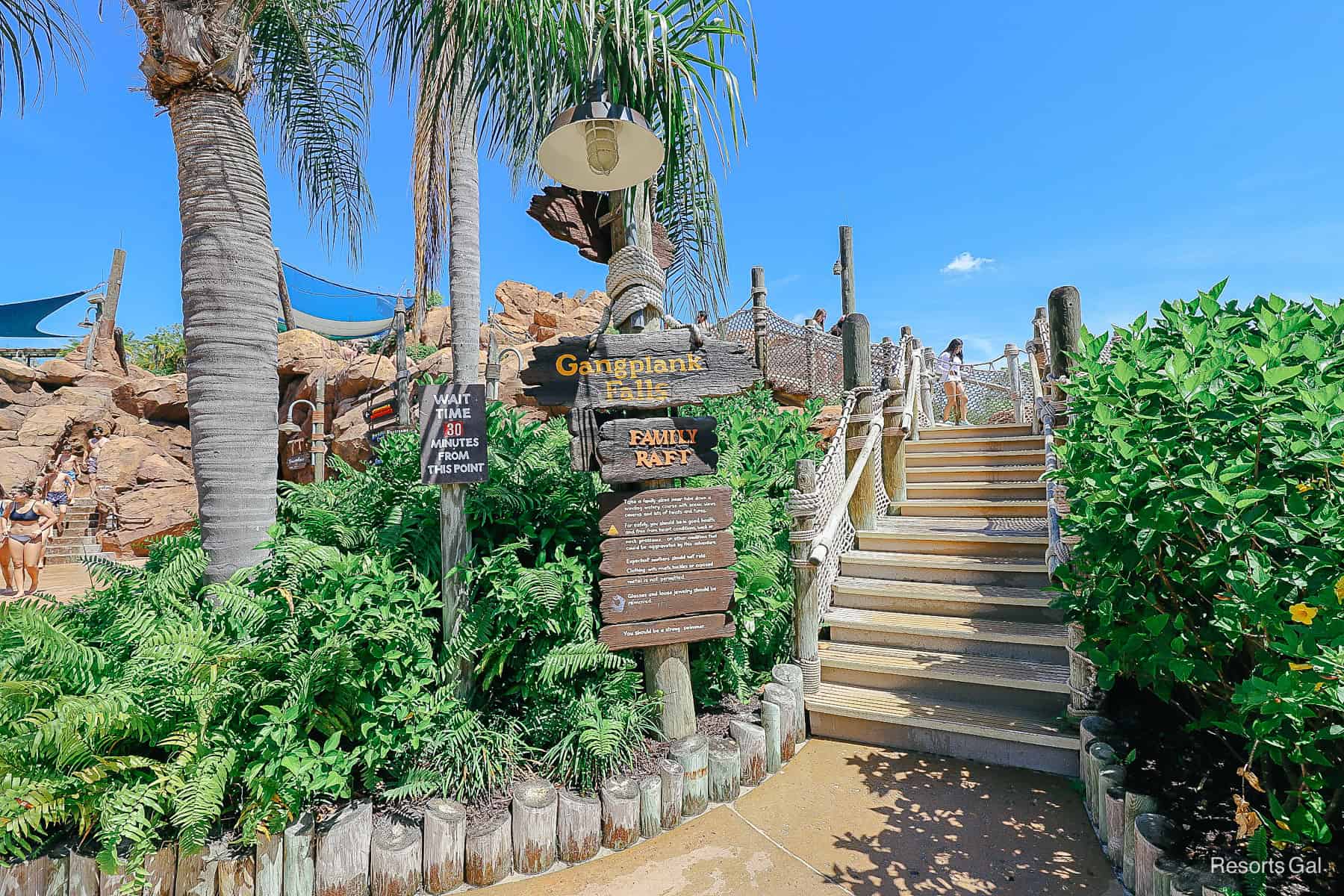 stairs leading up to Gangplank Falls family raft ride at Typhoon Lagoon 