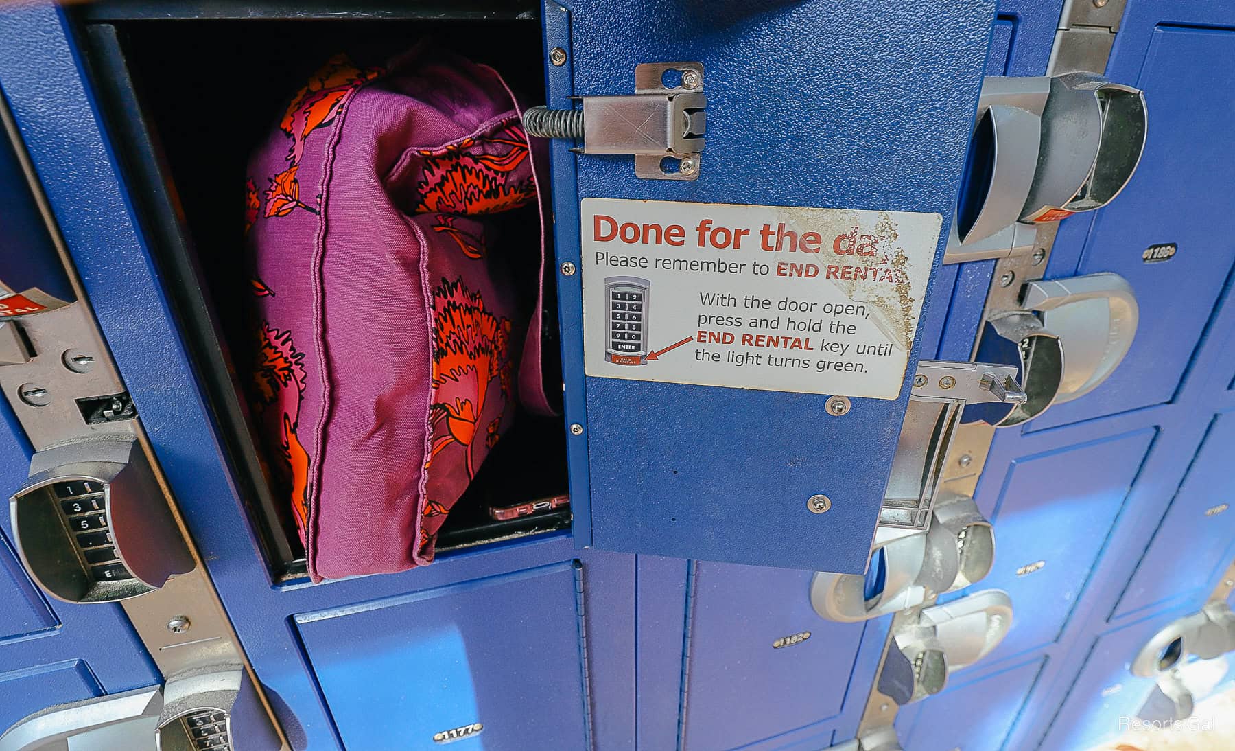 demonstrates the size of a small locker at Typhoon Lagoon 