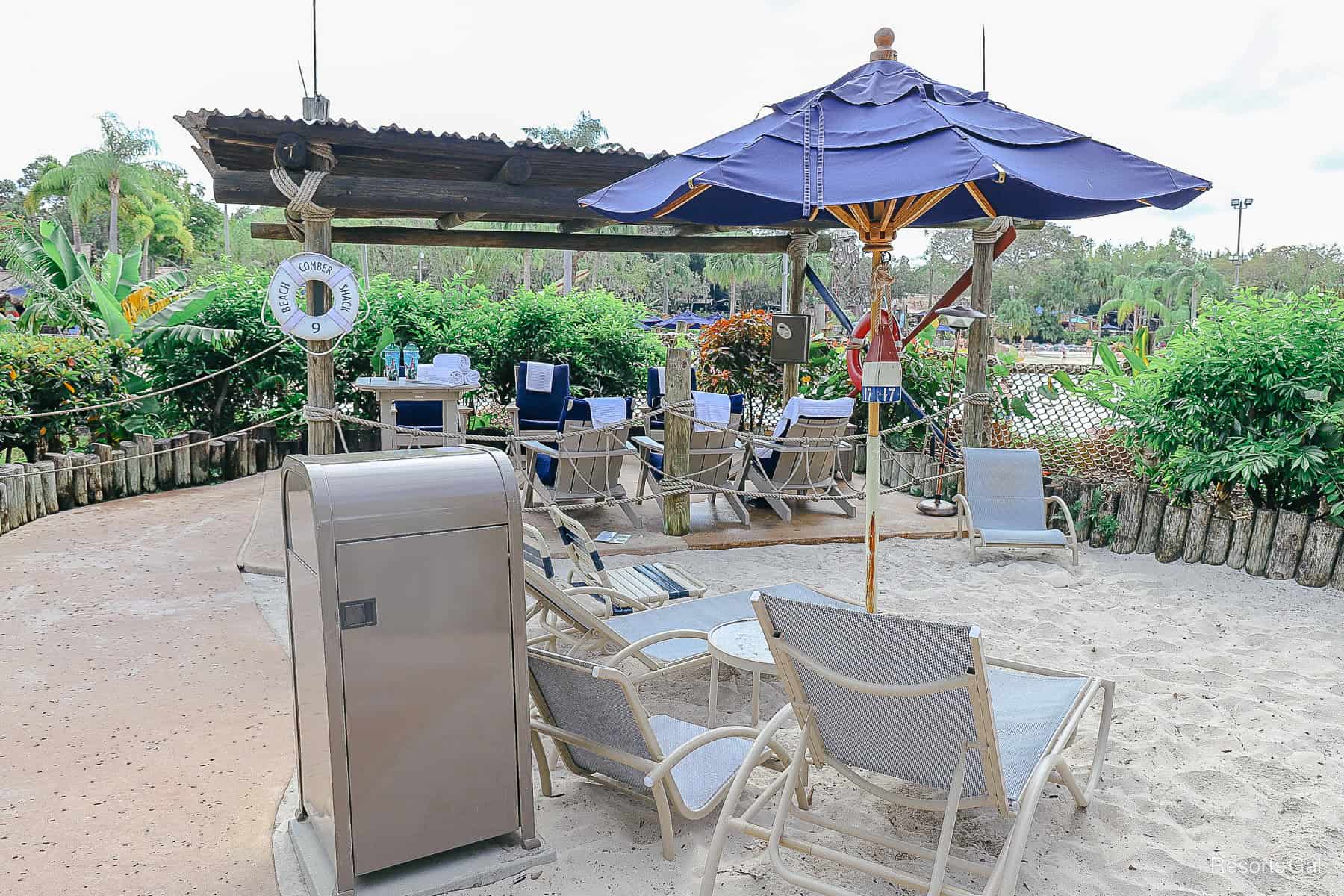 an umbrella with two chairs rental at Typhoon Lagoon 