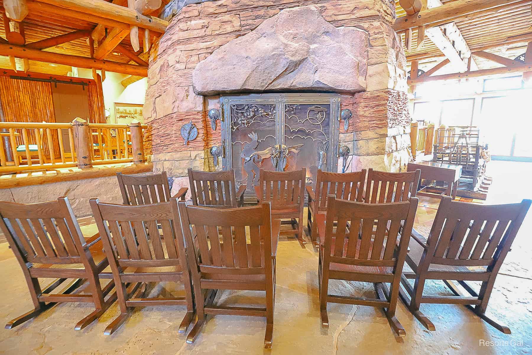 fireplace front angle in Wilderness Lodge Lobby 