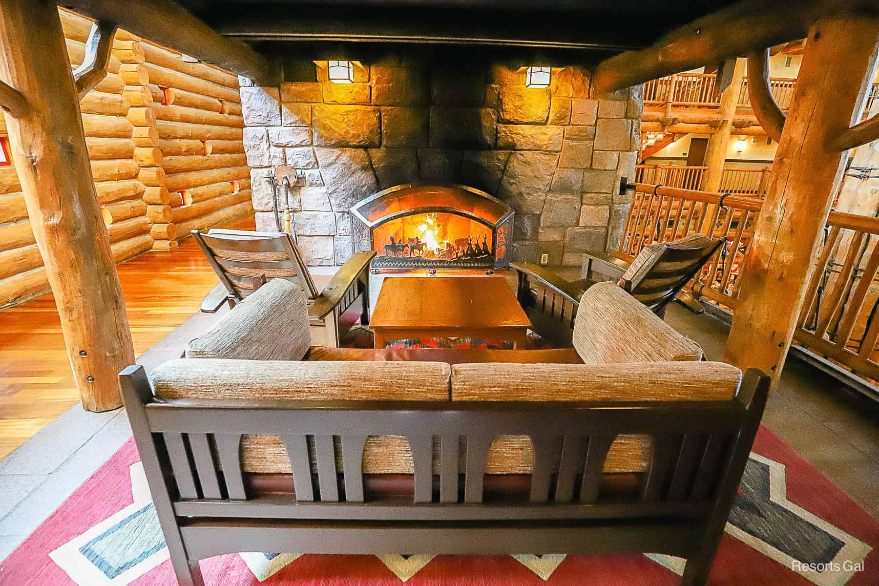 a cozy fireplace on upper level of Wilderness Lodge 