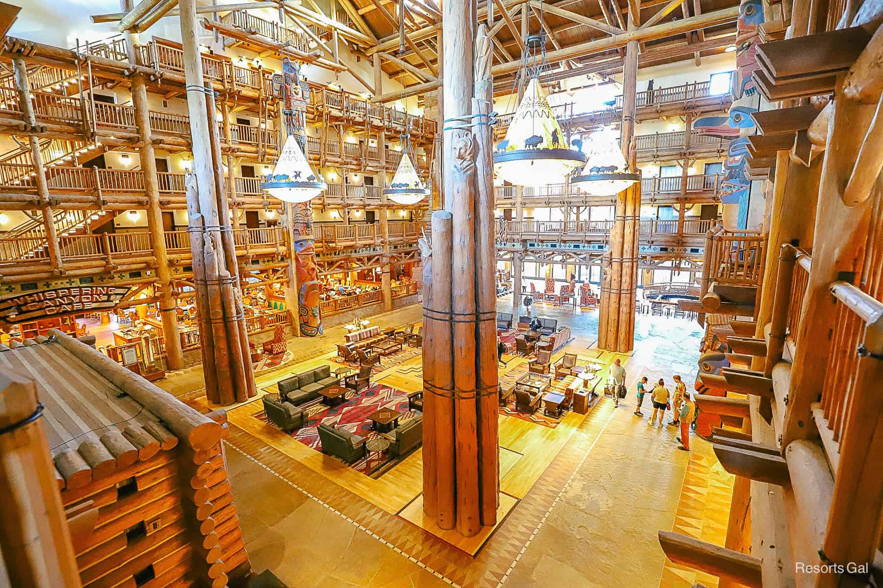 stunning views of the lobby from the fourth floor of the Wilderness Lodge 