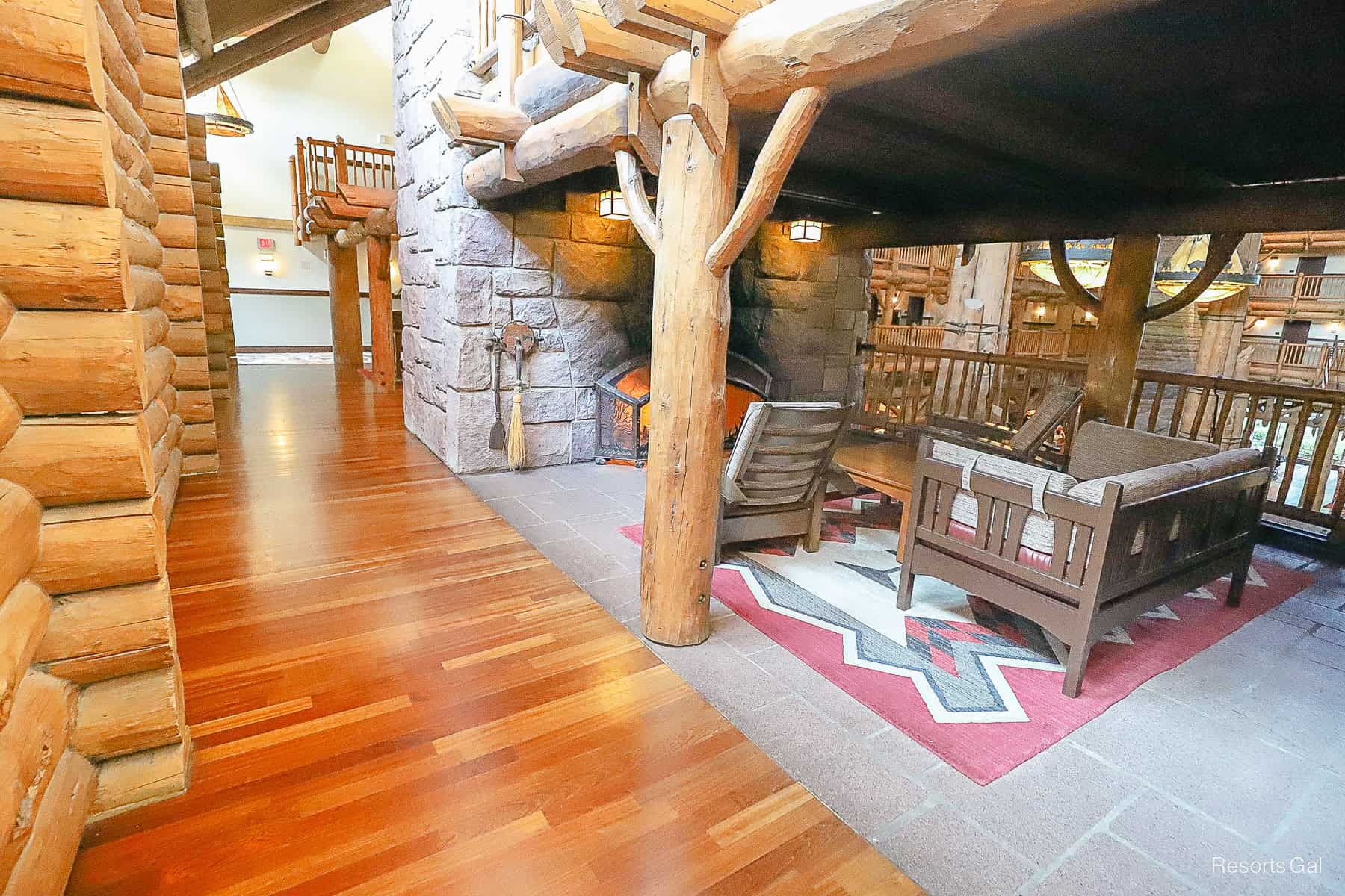 mini lobbies with fireplaces on the upper floors of the Wilderness Lodge 