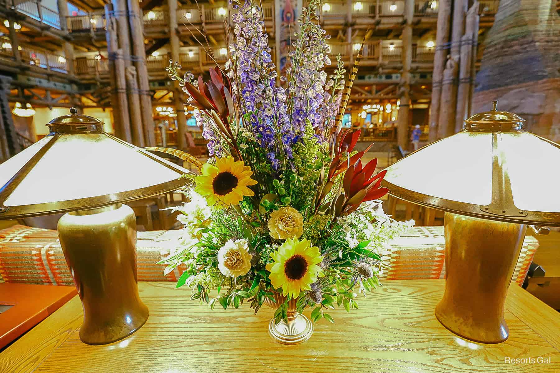 wildflower bouquets sit throughout the lobby 