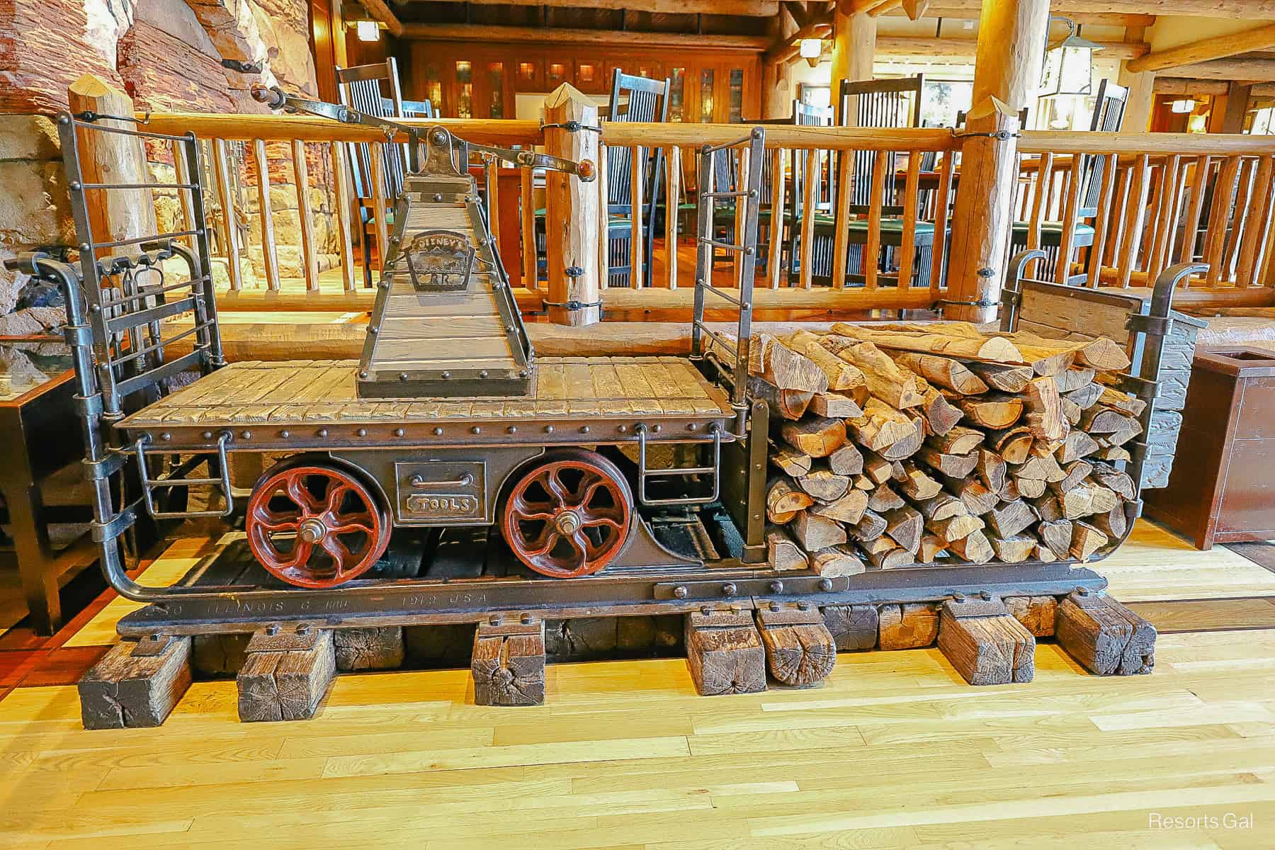 a pile of wood in the lobby 