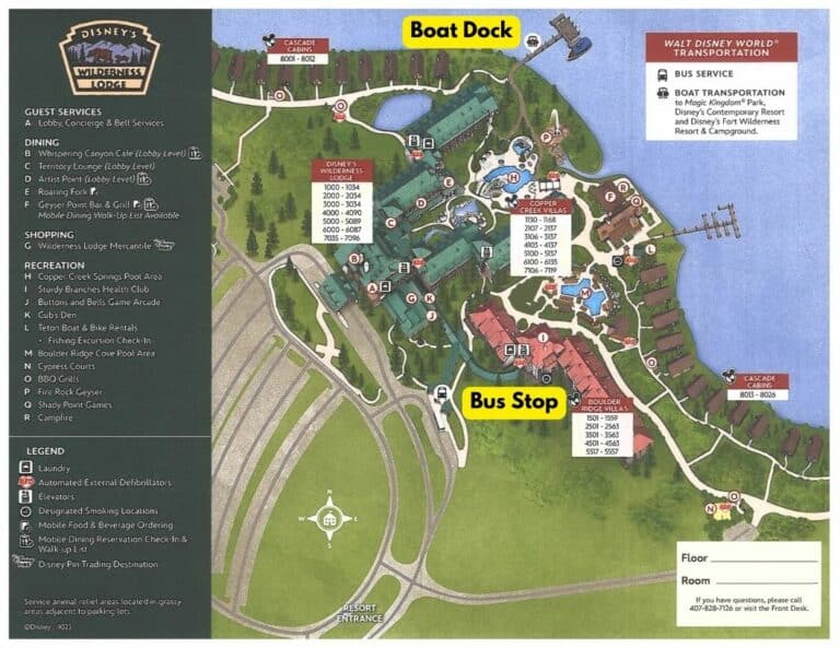 Disney's Wilderness Lodge Transportation Map with Destinations