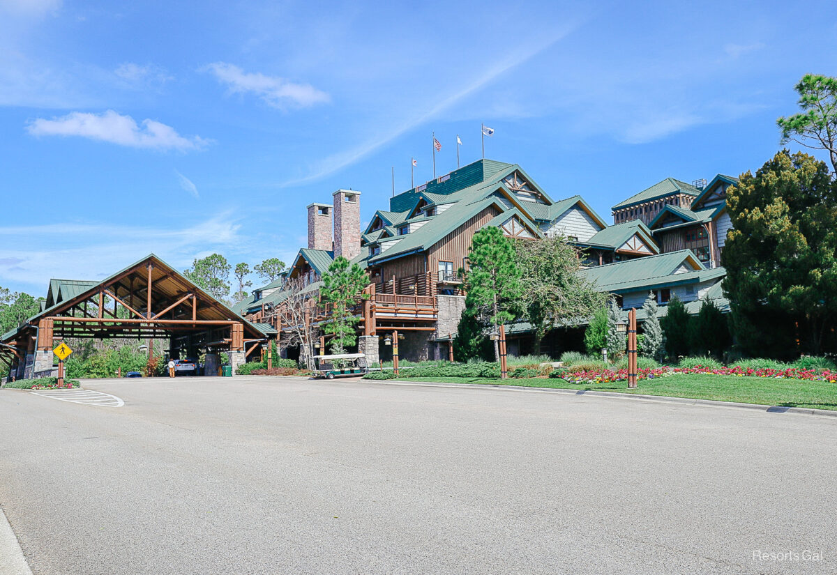 entrance of the Wilderness Lodge was modeled on Old Faithful Lodge