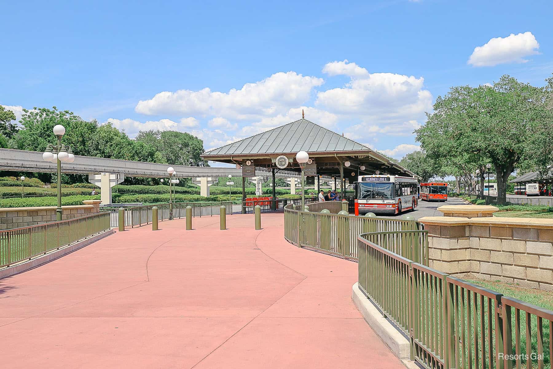 the walkway to the first section of buses at Magic Kingdom 