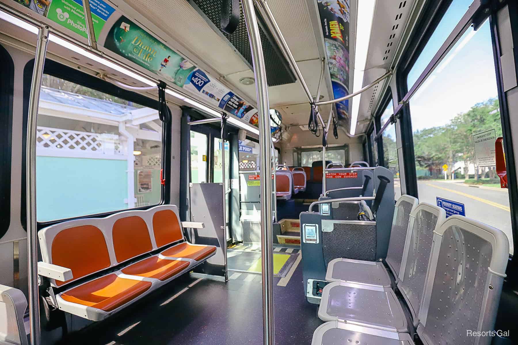 the interior of an older bus at Disney World 