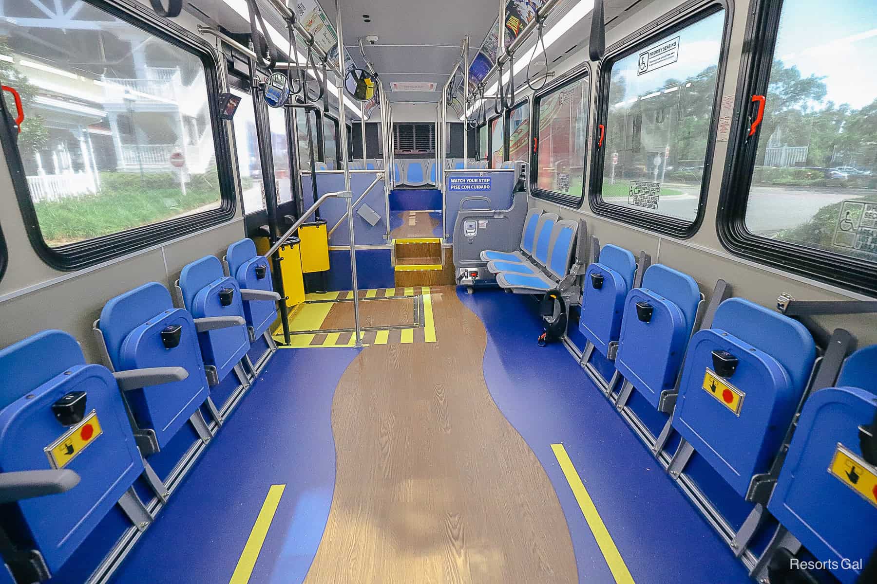 the entire interior of a new bus at Disney World 