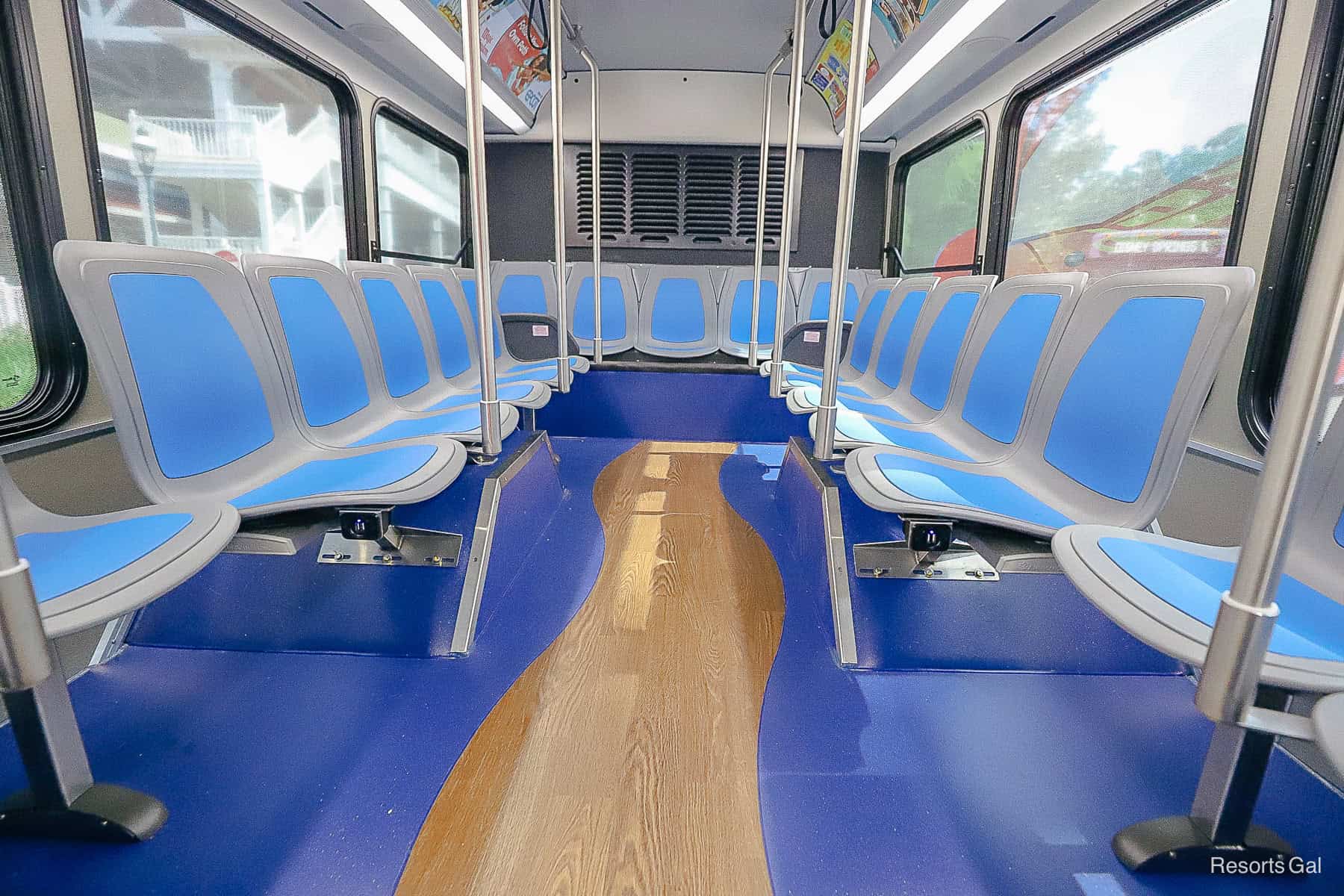 the seating area in the newer buses at Walt Disney World