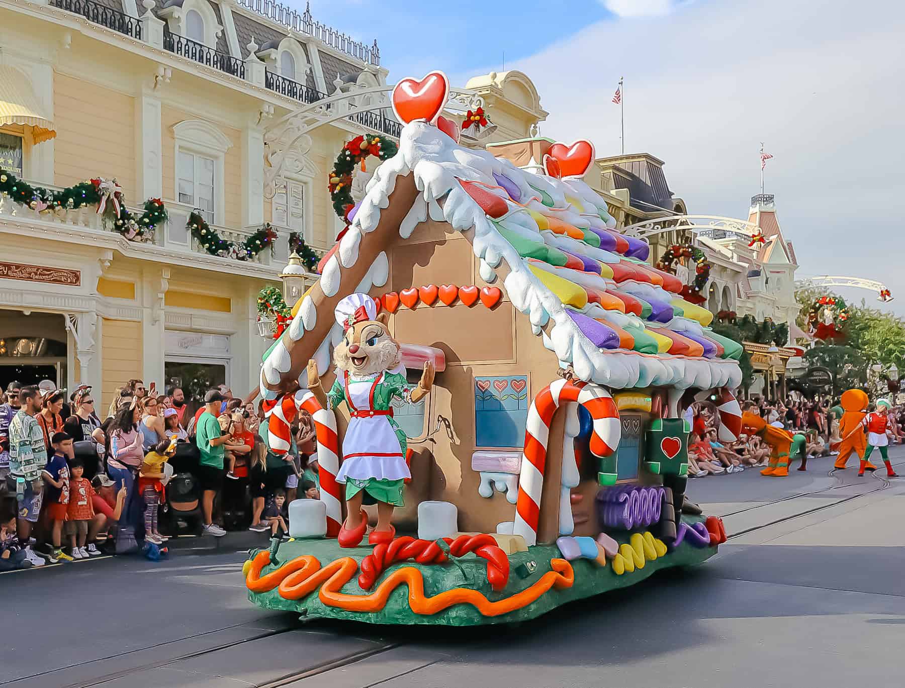 gingerbread float with Clarice in the daytime Christmas parade at Magic Kingdom