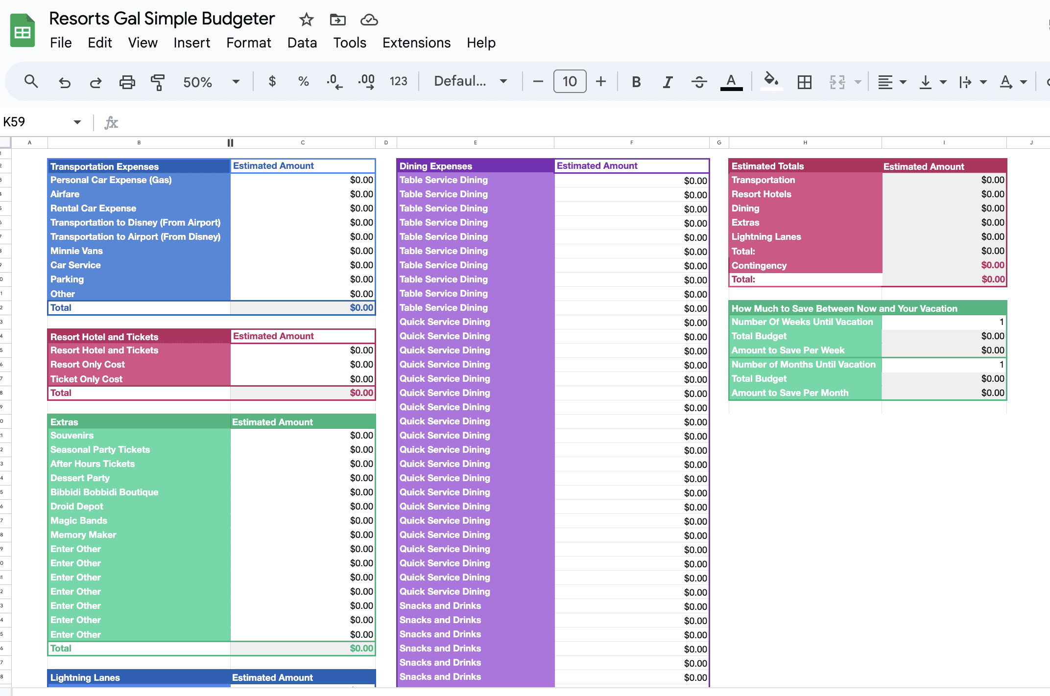 screenshot that shows how the cost calculator works for each Disney World vacation expense category 