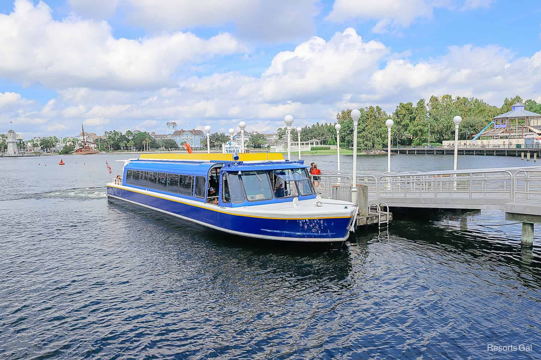 a Friendship boat docked at Disney World 